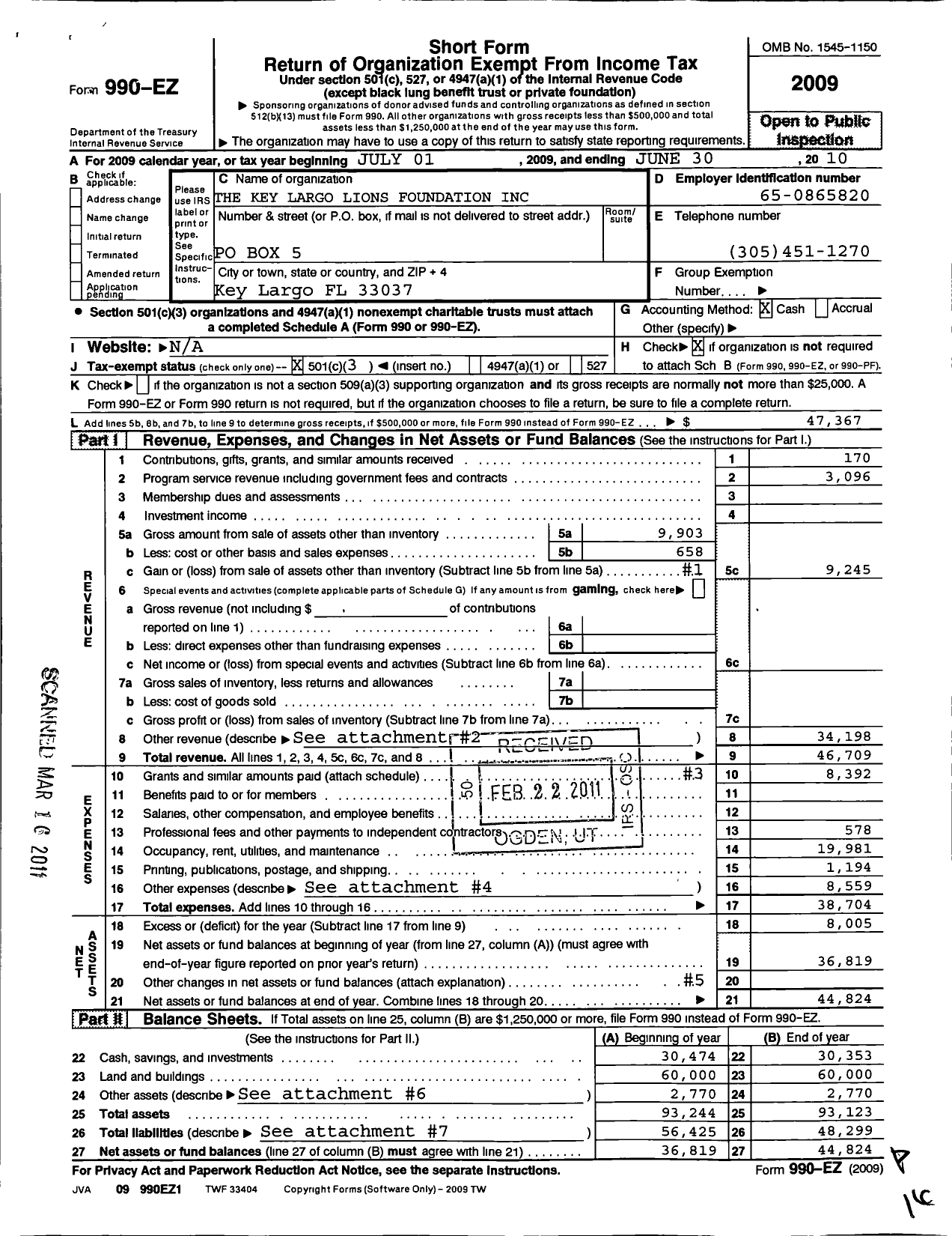 Image of first page of 2009 Form 990EZ for Key Largo Lions Foundation