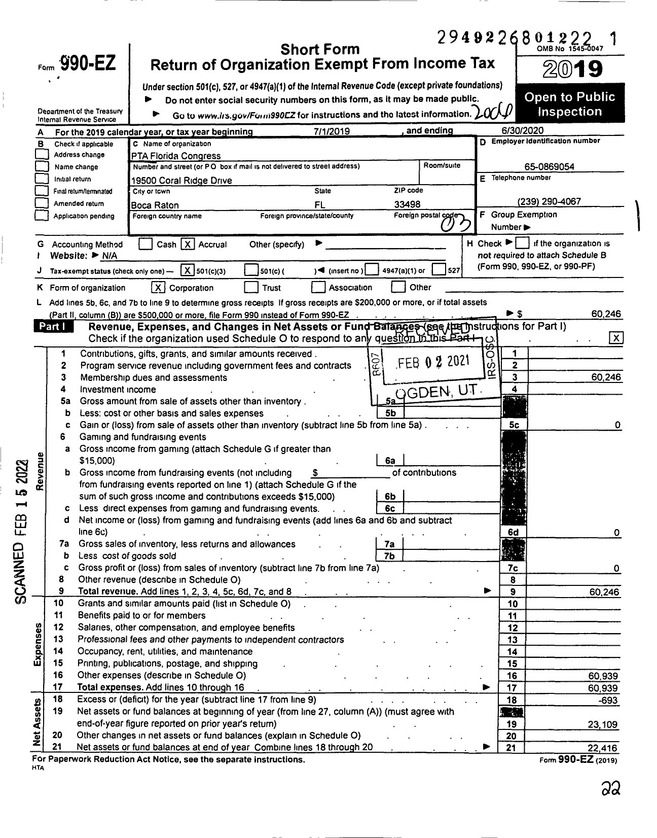 Image of first page of 2019 Form 990EZ for PTA Florida Congress - Eagles Landing Middle PTA