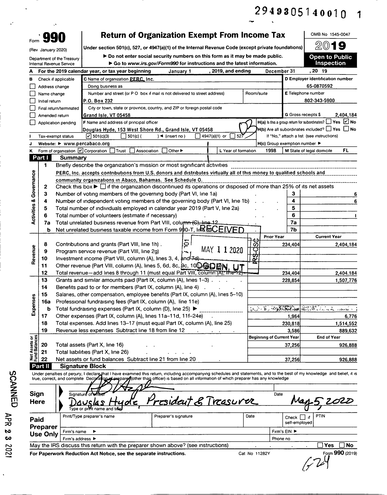 Image of first page of 2019 Form 990 for Perc