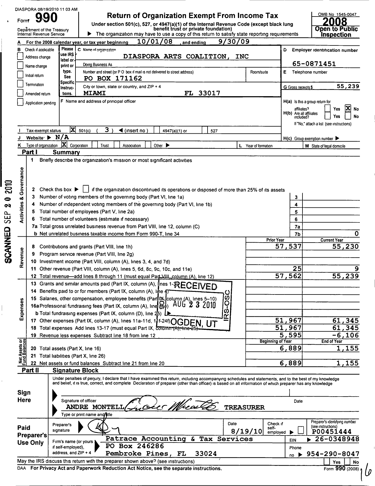 Image of first page of 2008 Form 990 for Diaspora Arts Coalition