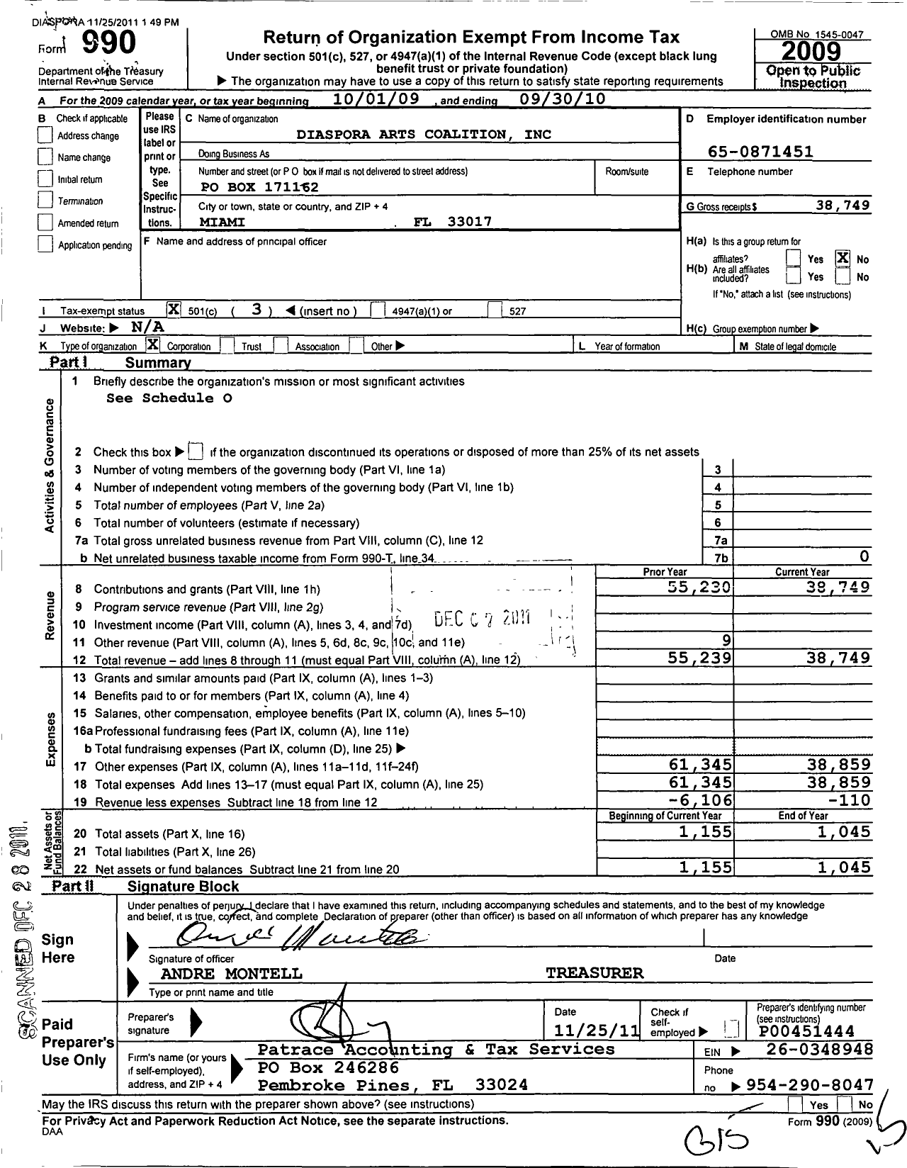 Image of first page of 2009 Form 990 for Diaspora Arts Coalition