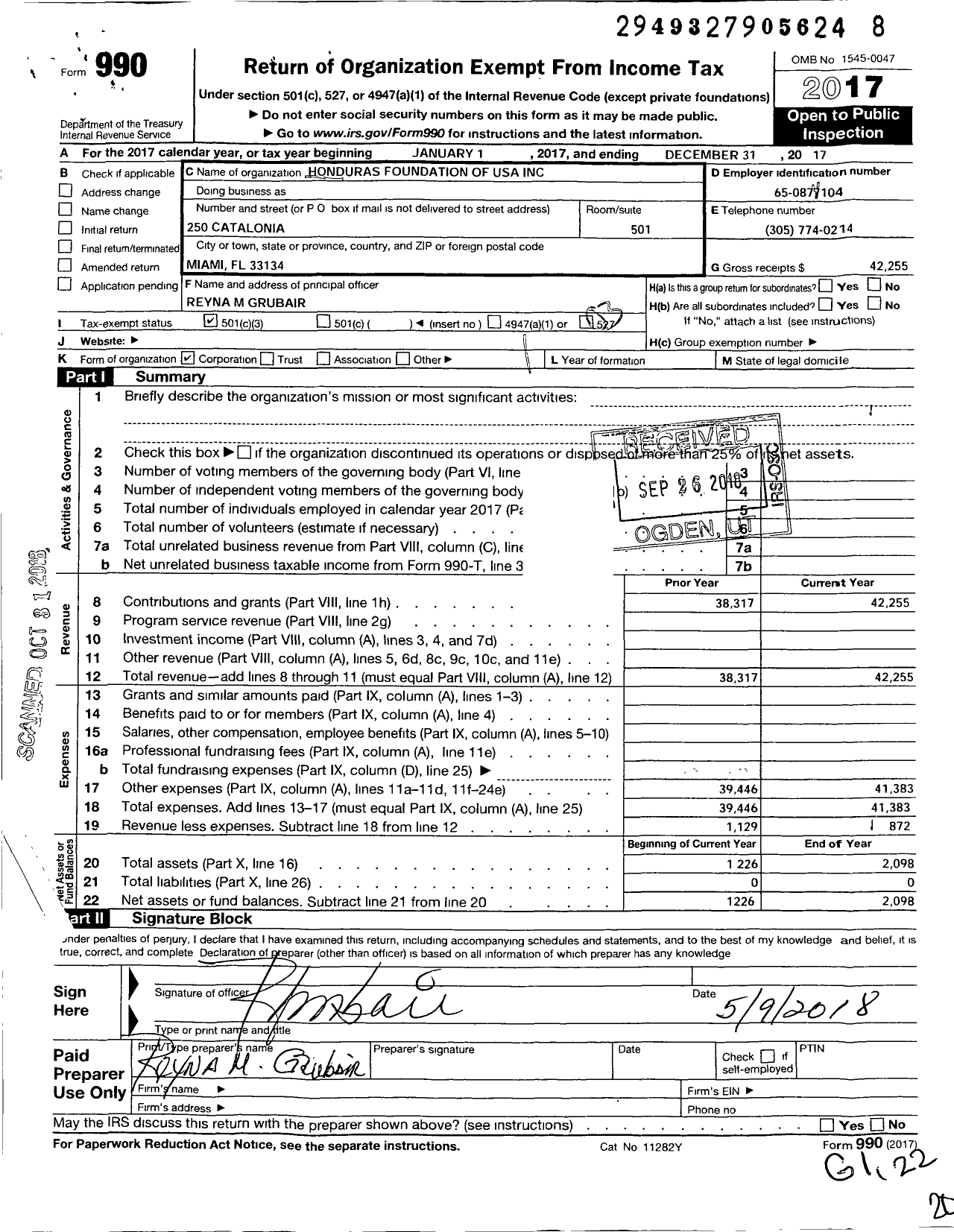 Image of first page of 2017 Form 990 for Honduras Foundation of USA