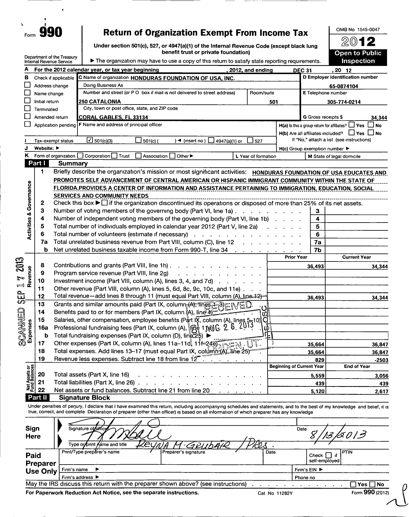 Image of first page of 2012 Form 990 for Honduras Foundation of USA