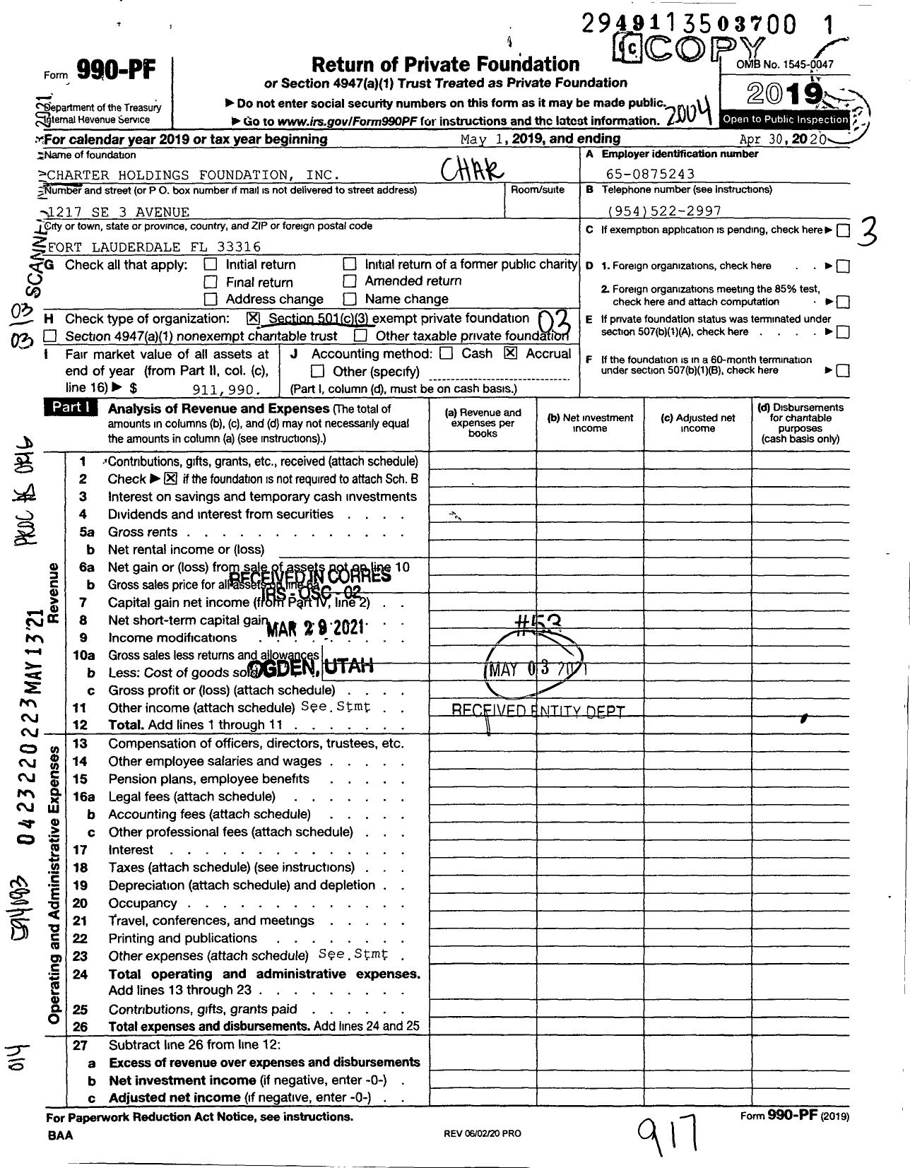 Image of first page of 2019 Form 990PF for Charter Holdings Foundation