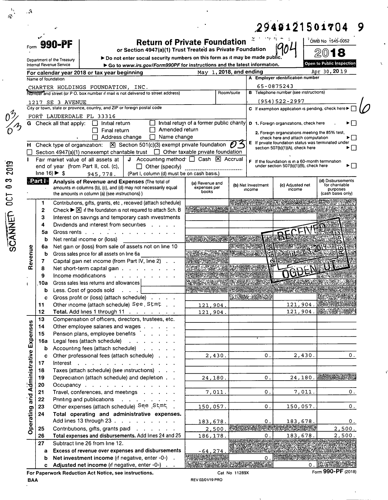 Image of first page of 2018 Form 990PF for Charter Holdings Foundation
