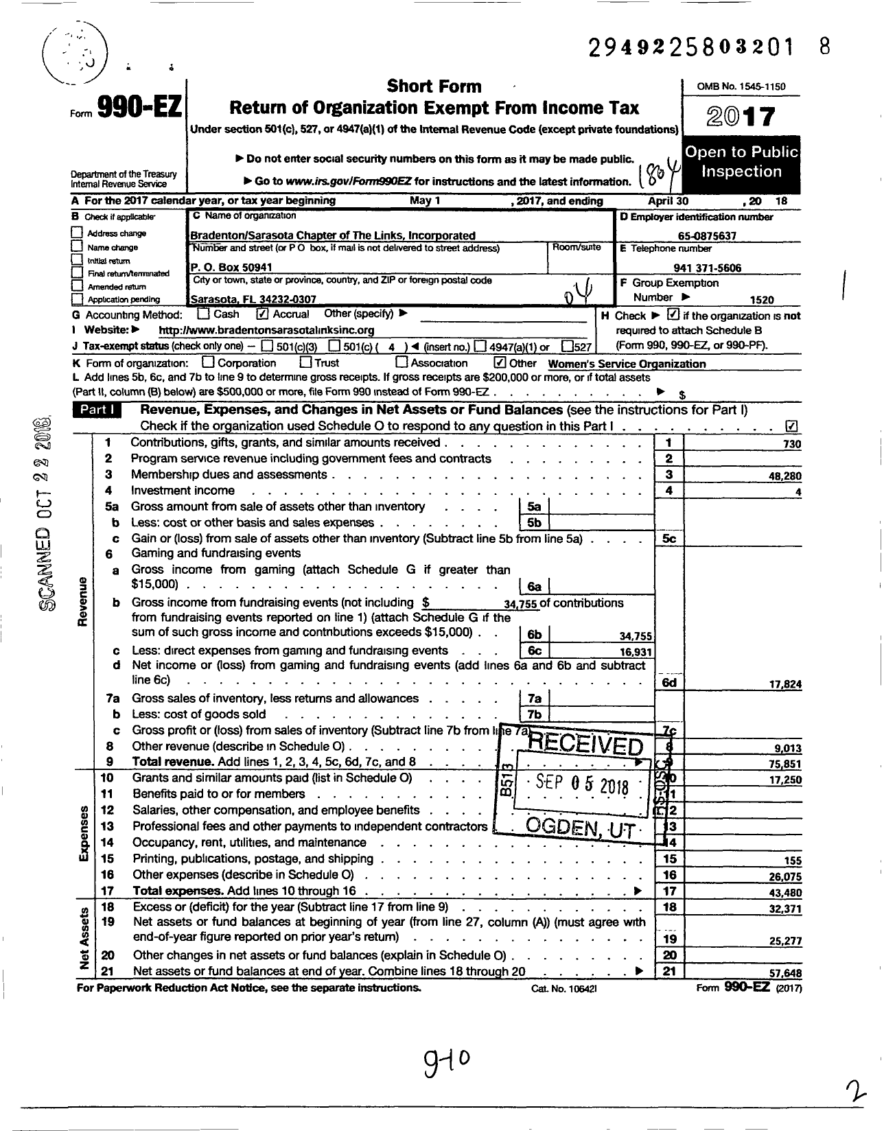 Image of first page of 2017 Form 990EO for Bradenton Sarasota Chapter of