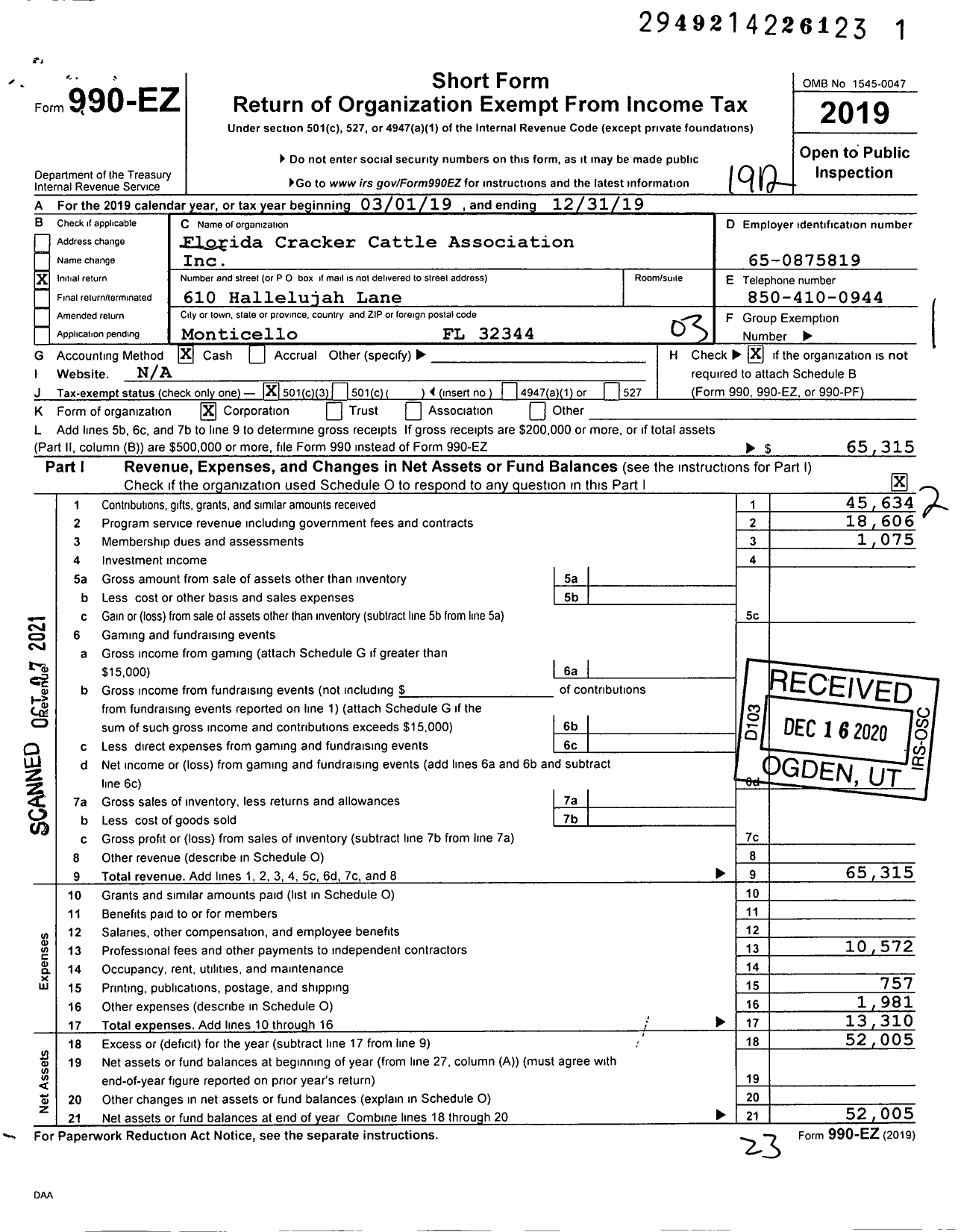 Image of first page of 2019 Form 990EZ for Florida Cracker Cattle Association