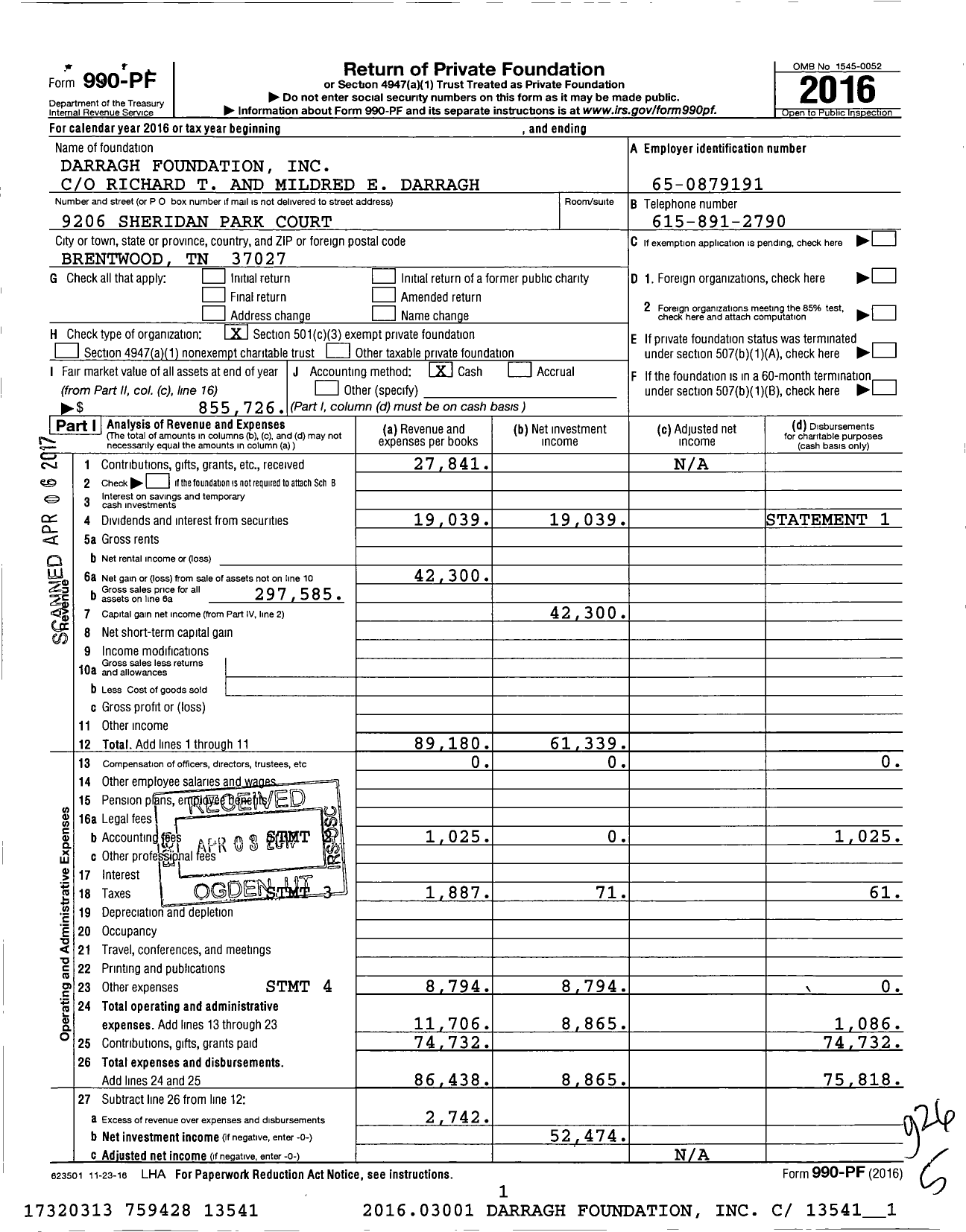 Image of first page of 2016 Form 990PF for Darragh Foundation