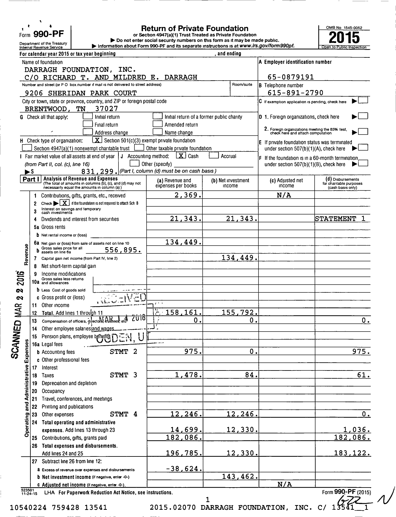 Image of first page of 2015 Form 990PF for Darragh Foundation