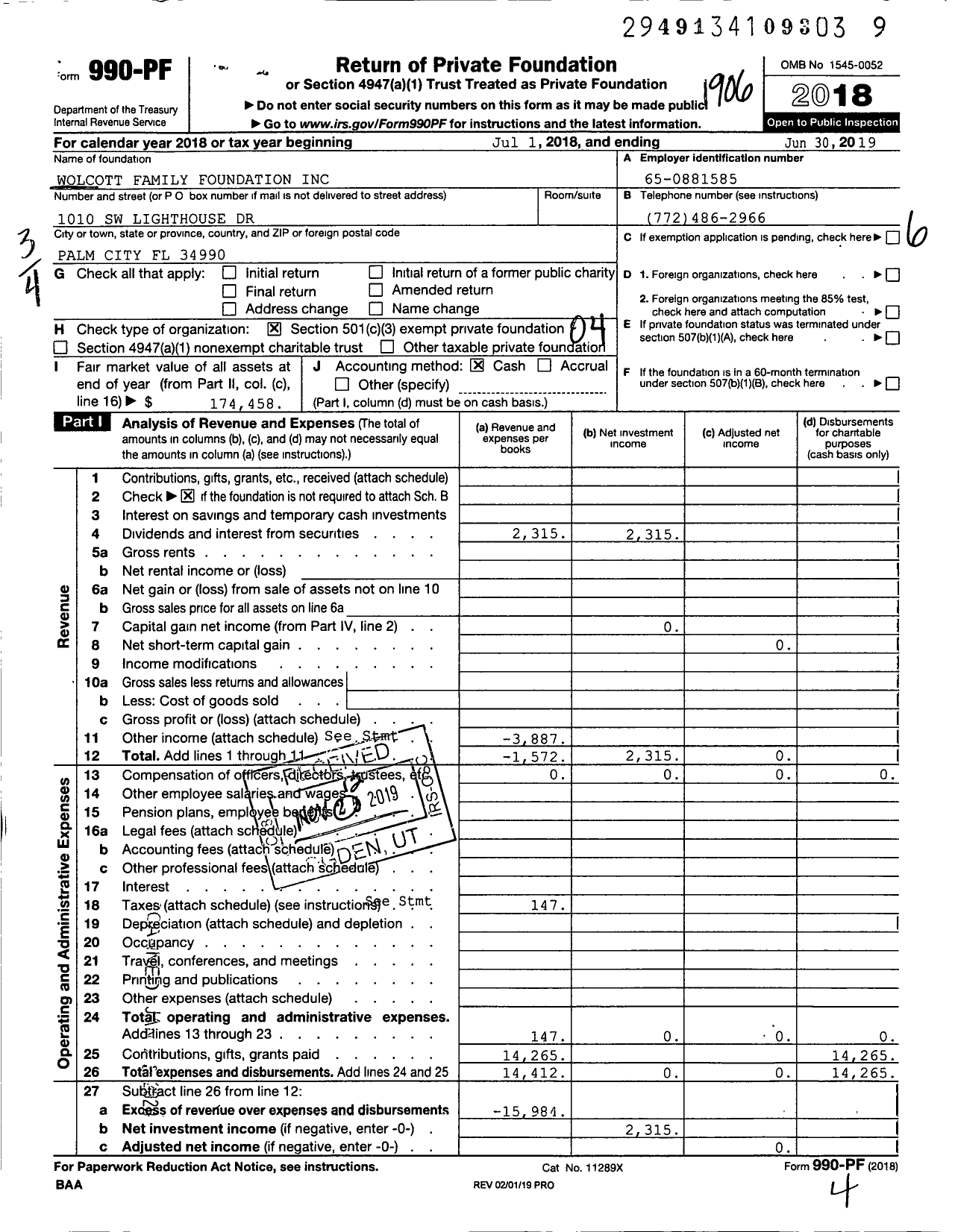 Image of first page of 2018 Form 990PF for Wolcott Family Foundation