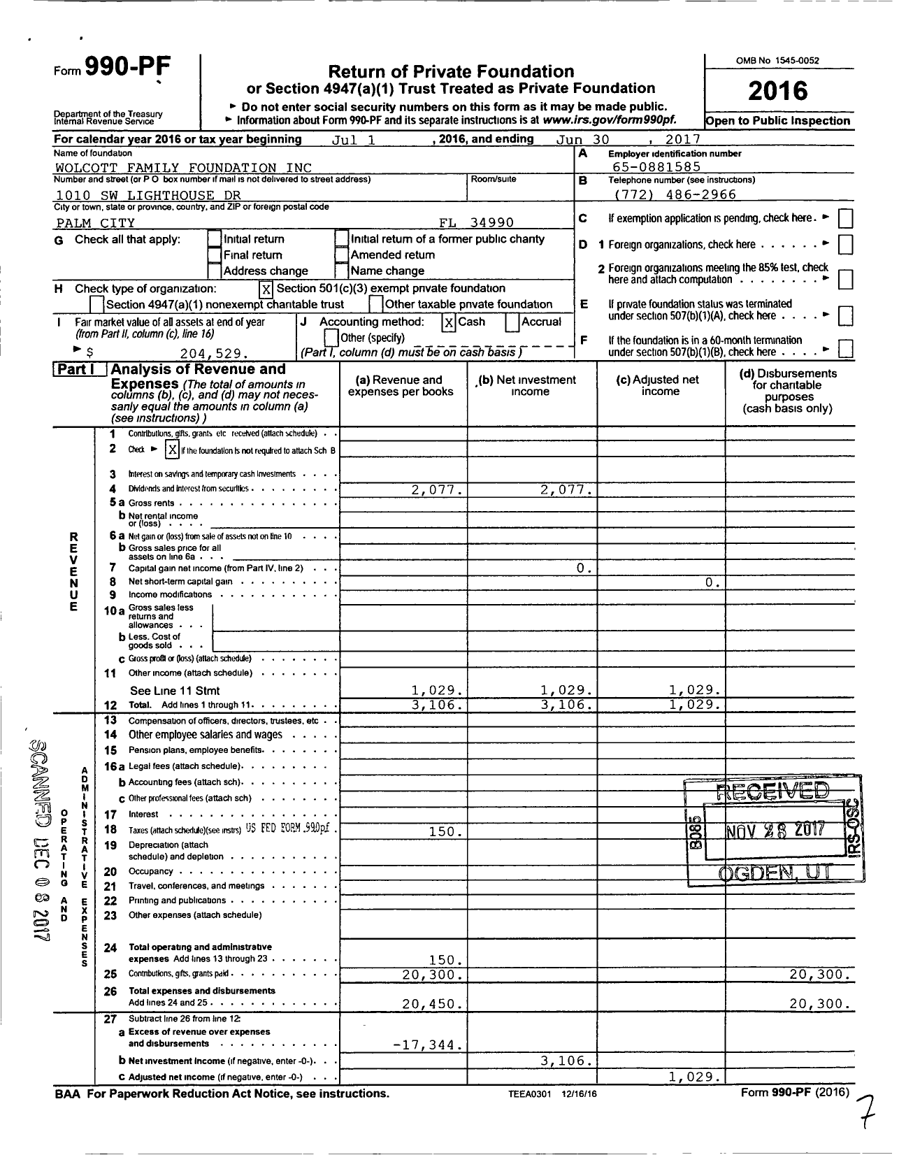 Image of first page of 2016 Form 990PF for Wolcott Family Foundation