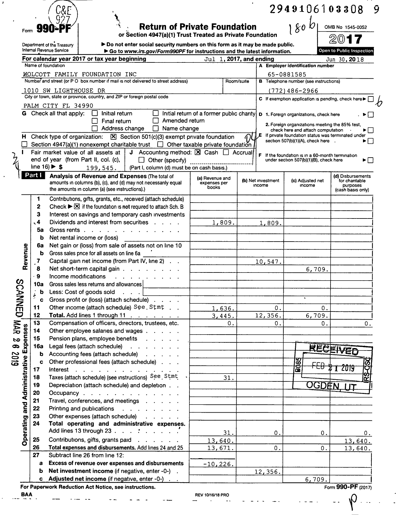 Image of first page of 2017 Form 990PF for Wolcott Family Foundation