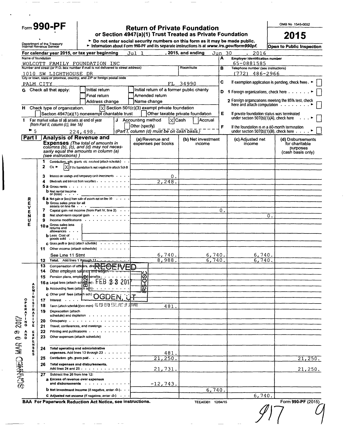 Image of first page of 2015 Form 990PF for Wolcott Family Foundation