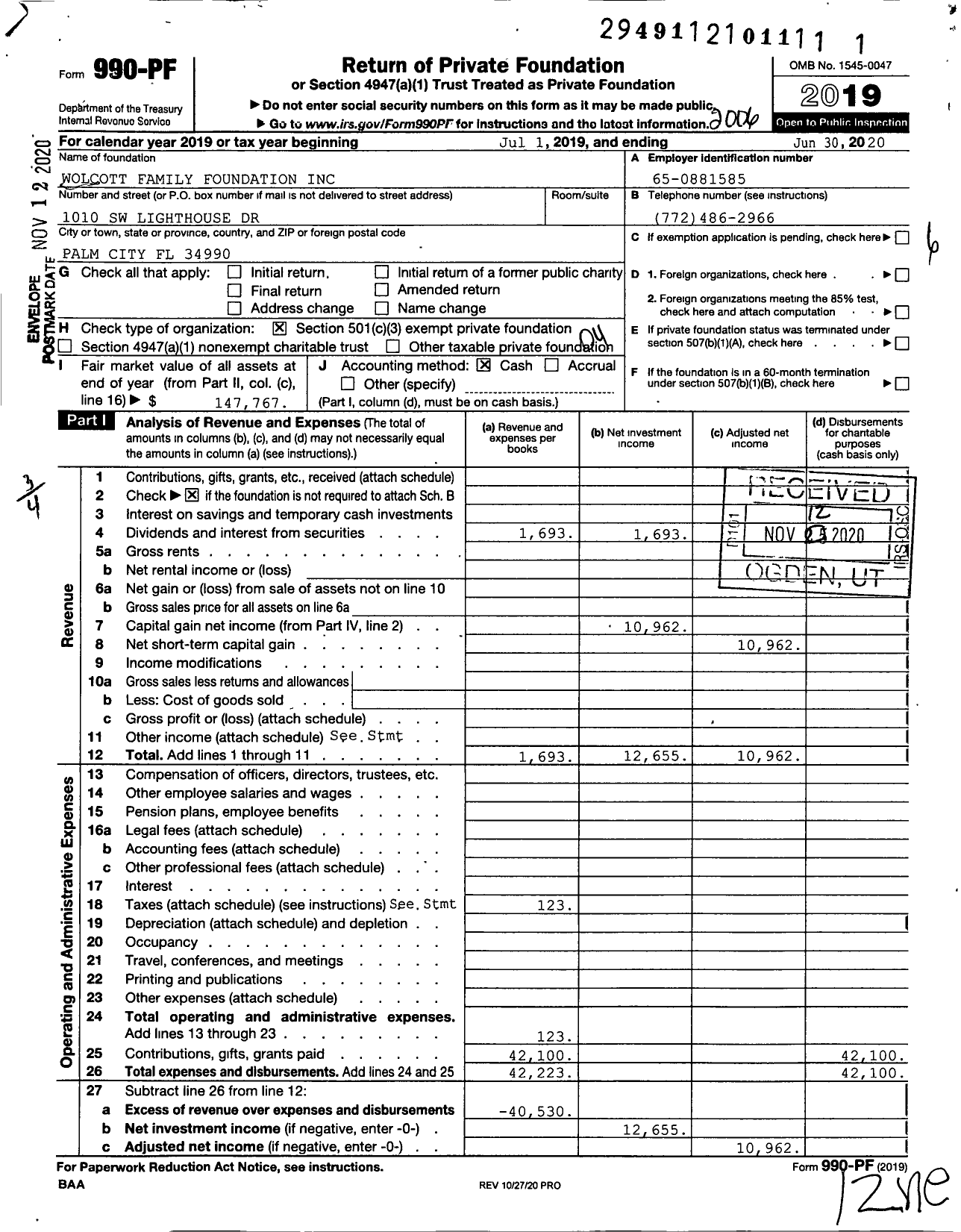 Image of first page of 2019 Form 990PF for Wolcott Family Foundation