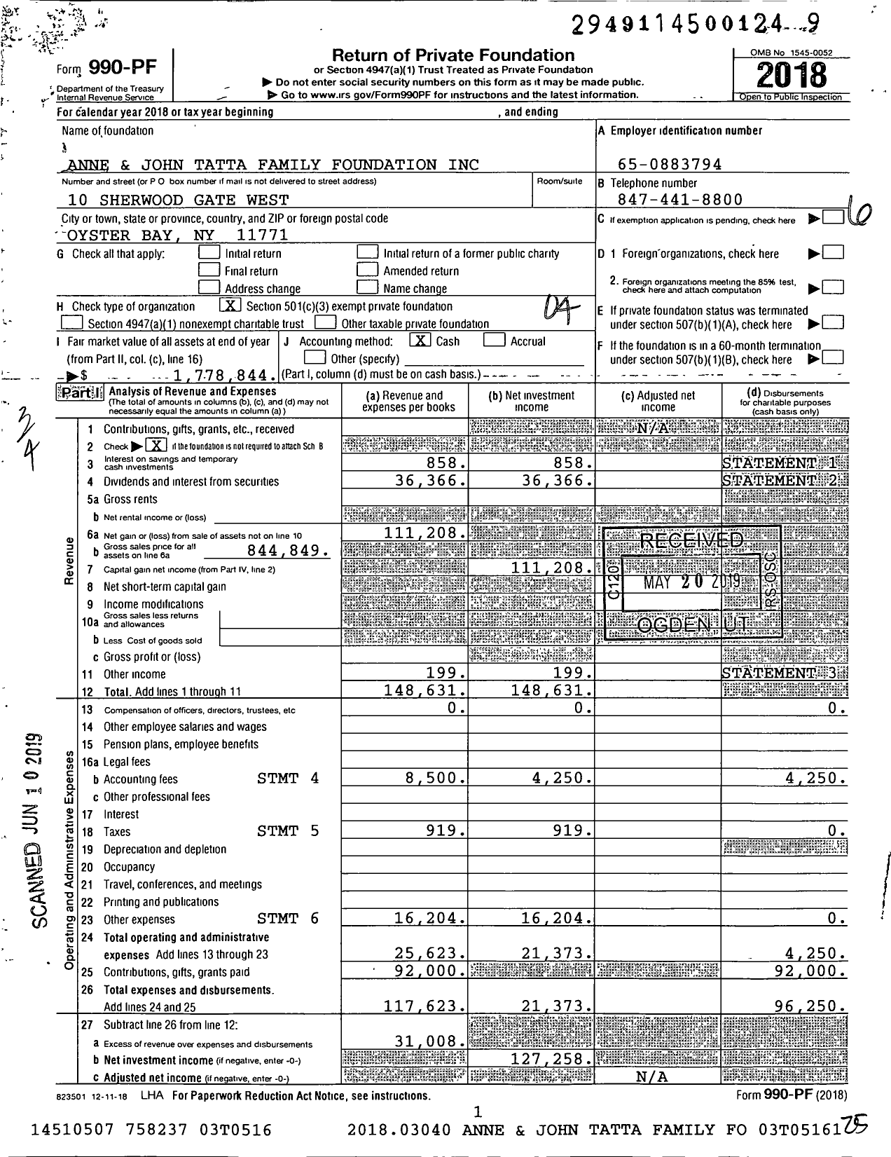 Image of first page of 2018 Form 990PF for Anne and John Tatta Family Foundation