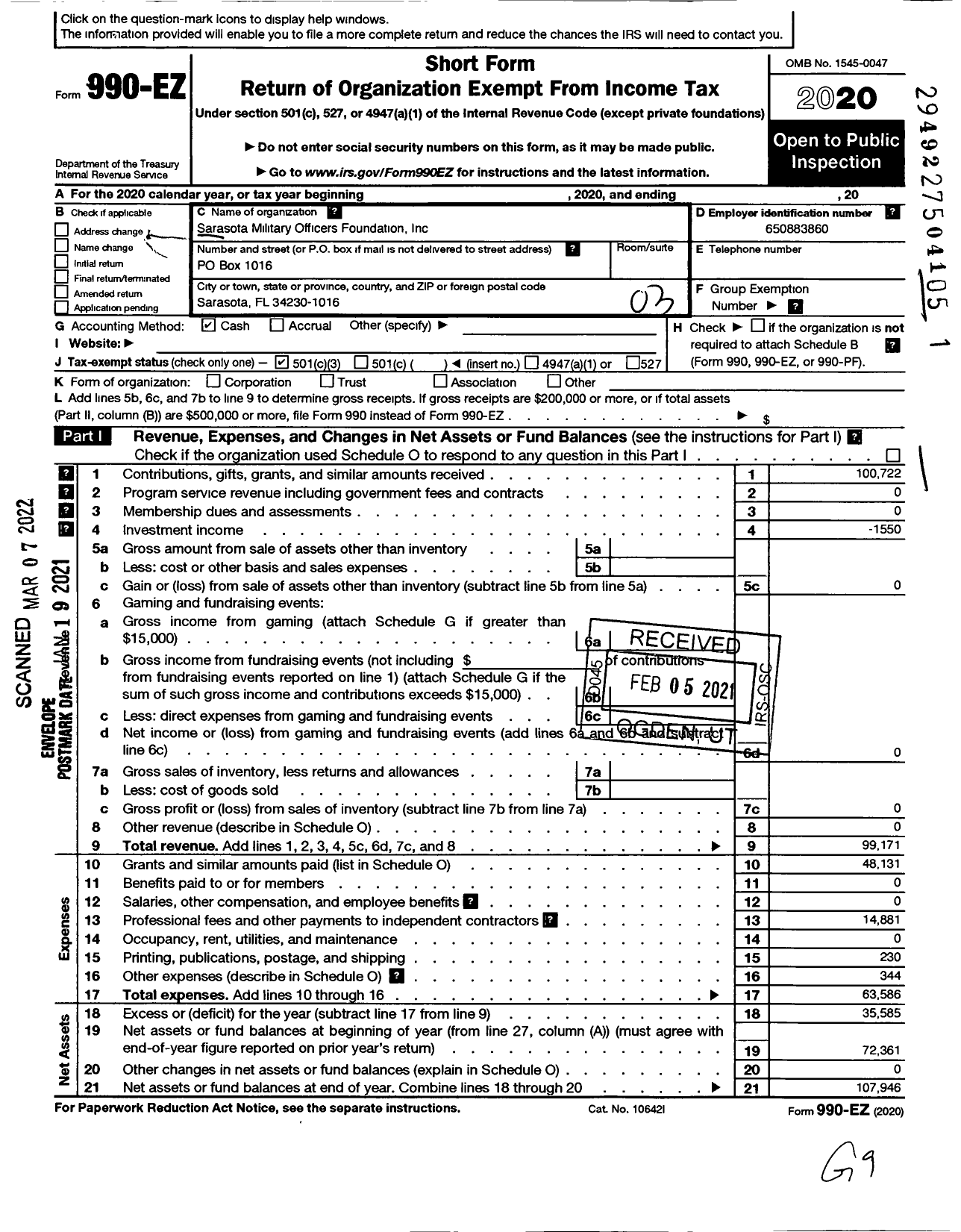 Image of first page of 2020 Form 990EZ for Sarasota Military Officers Foundation