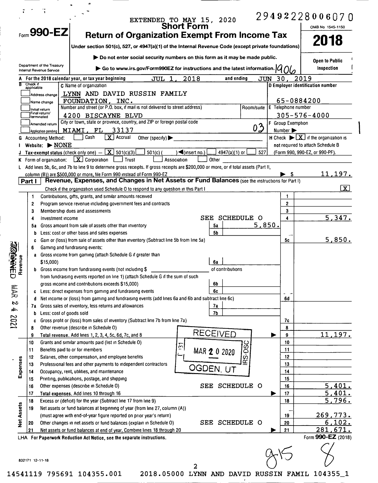 Image of first page of 2018 Form 990EZ for Lynn and David Russin Family Foundation