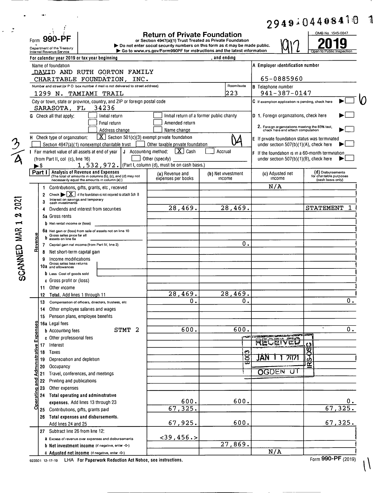 Image of first page of 2019 Form 990PF for David and Ruth Gorton Family Charitable Foundation