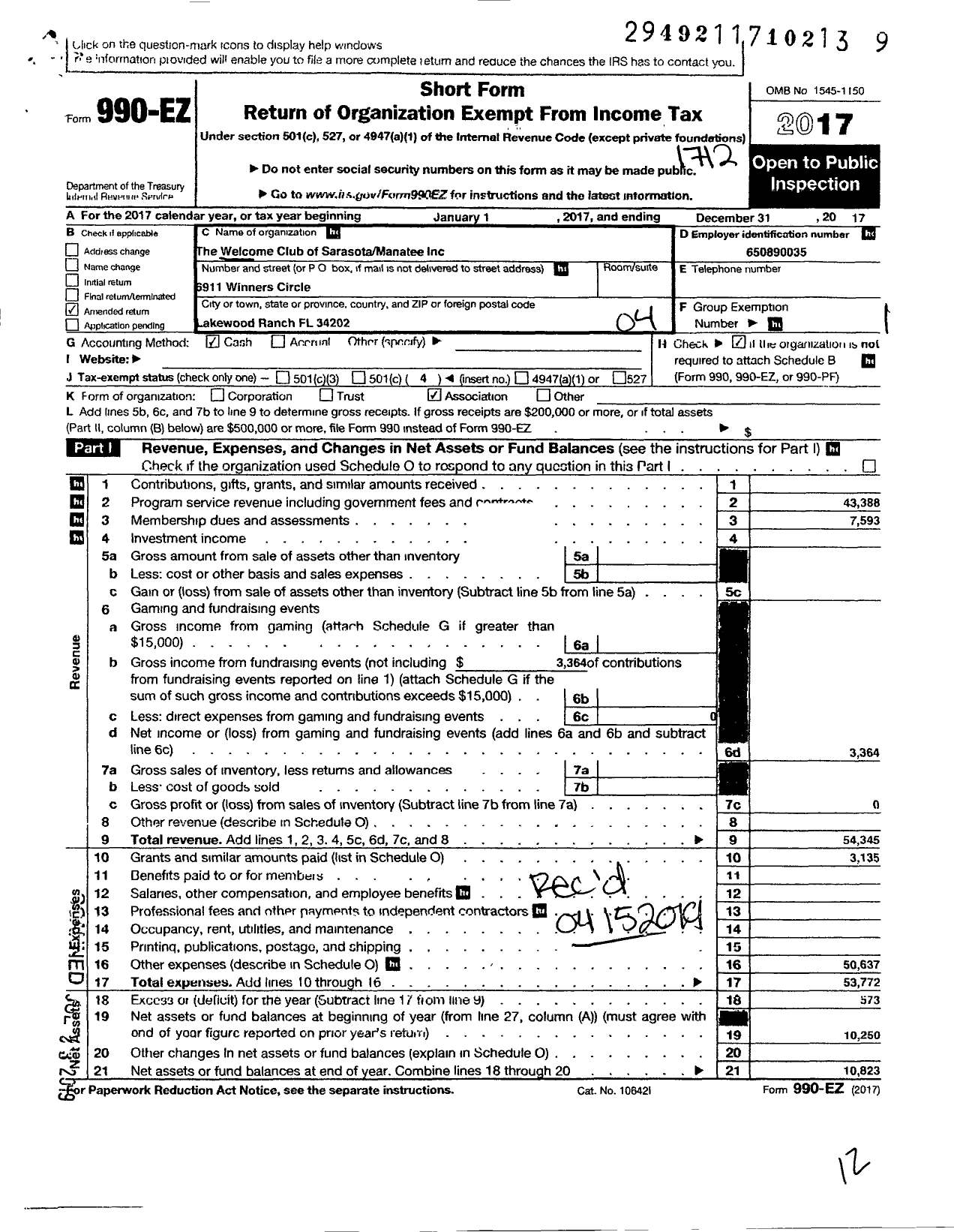 Image of first page of 2017 Form 990EO for The Welcome Club of Sarasota- Manatee