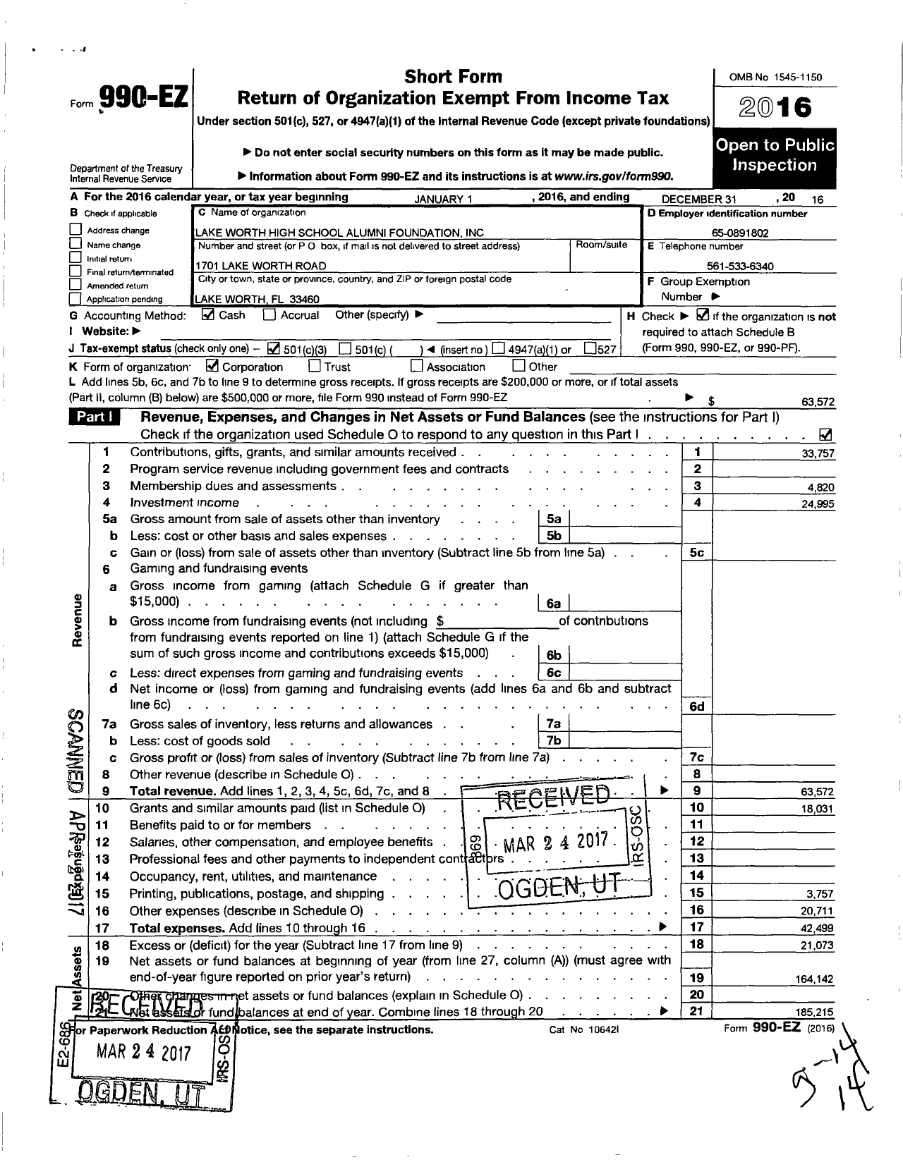 Image of first page of 2016 Form 990EZ for Lake Worth High School Alumni Foundation