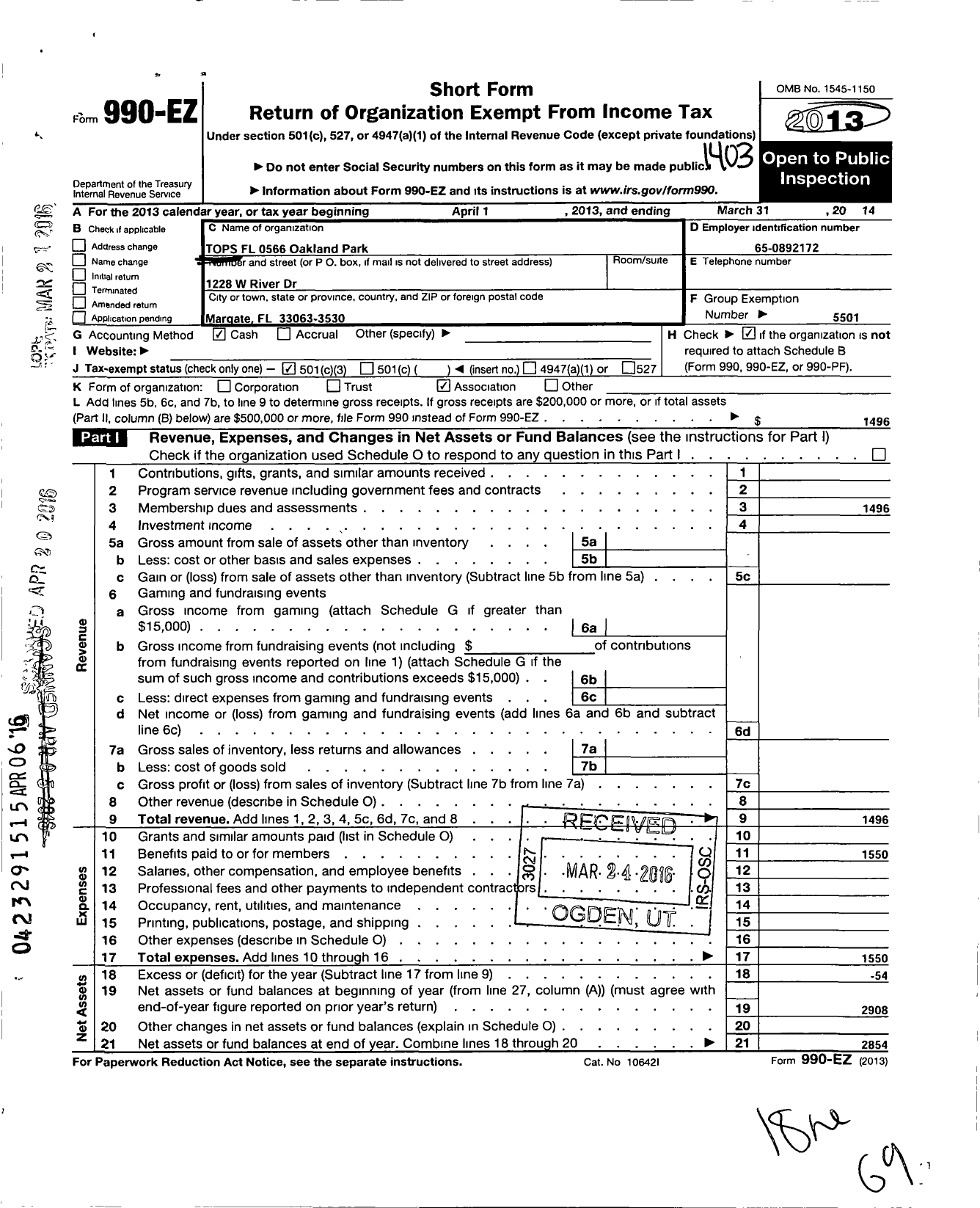 Image of first page of 2013 Form 990EZ for Tops Club - 0566 Tops FL Oakland Park