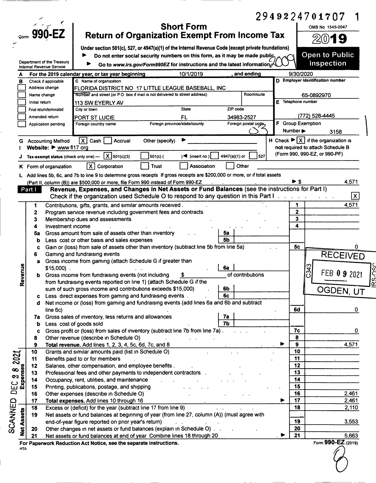 Image of first page of 2019 Form 990EZ for Little League Baseball - 3091700 Dewey Hudman