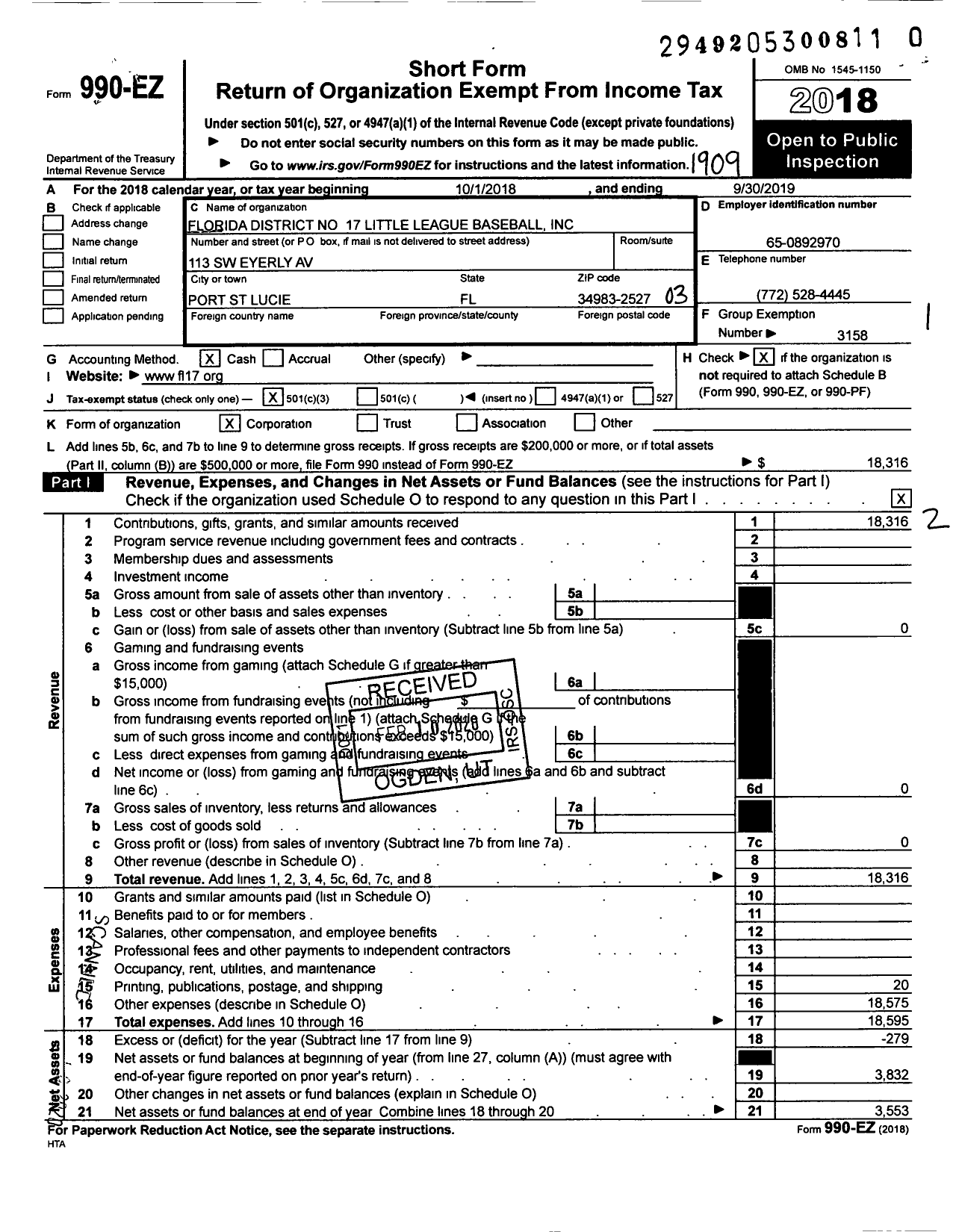 Image of first page of 2018 Form 990EZ for Little League Baseball - 3091700 Dewey Hudman