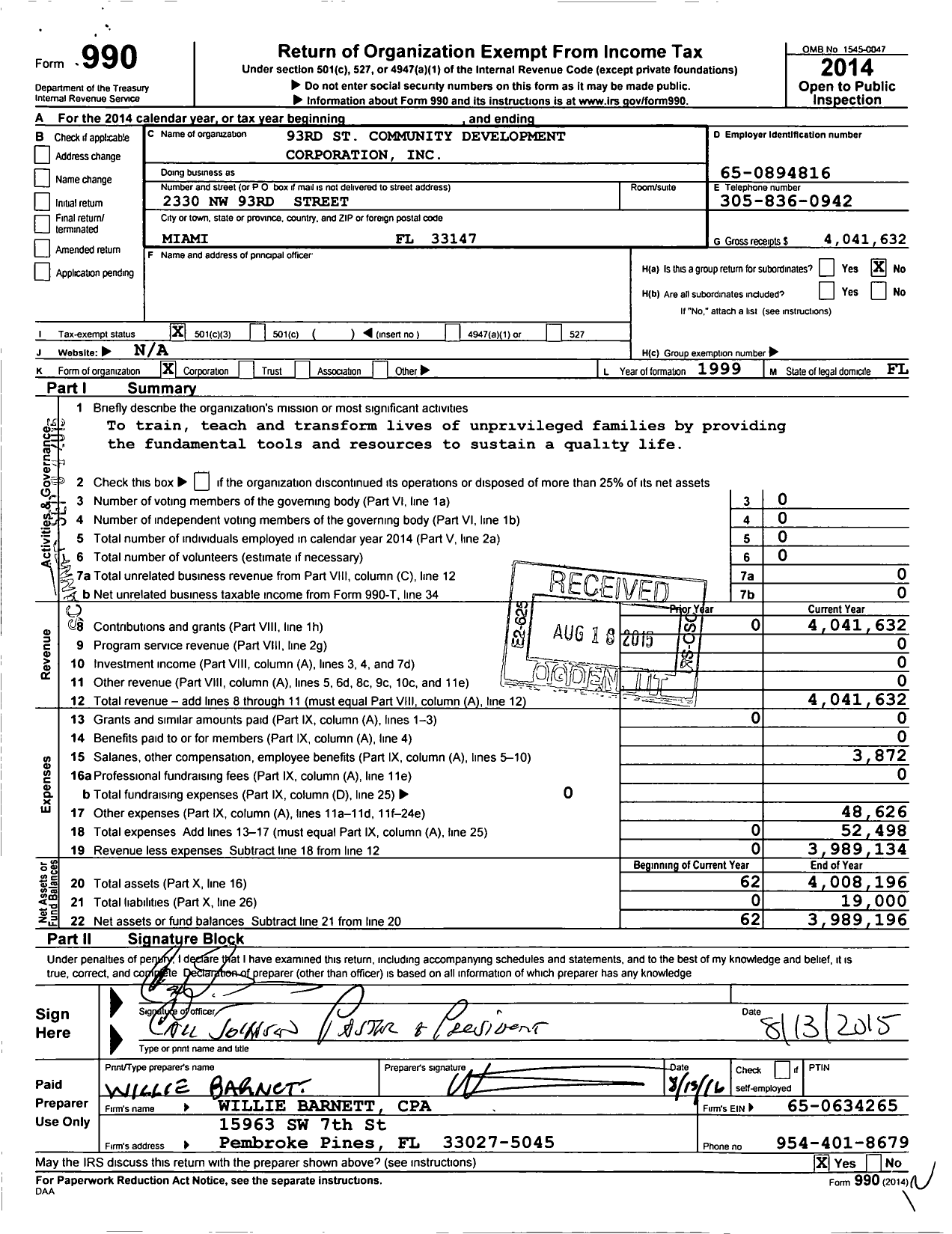 Image of first page of 2014 Form 990 for 93rd St Community Development Corporation