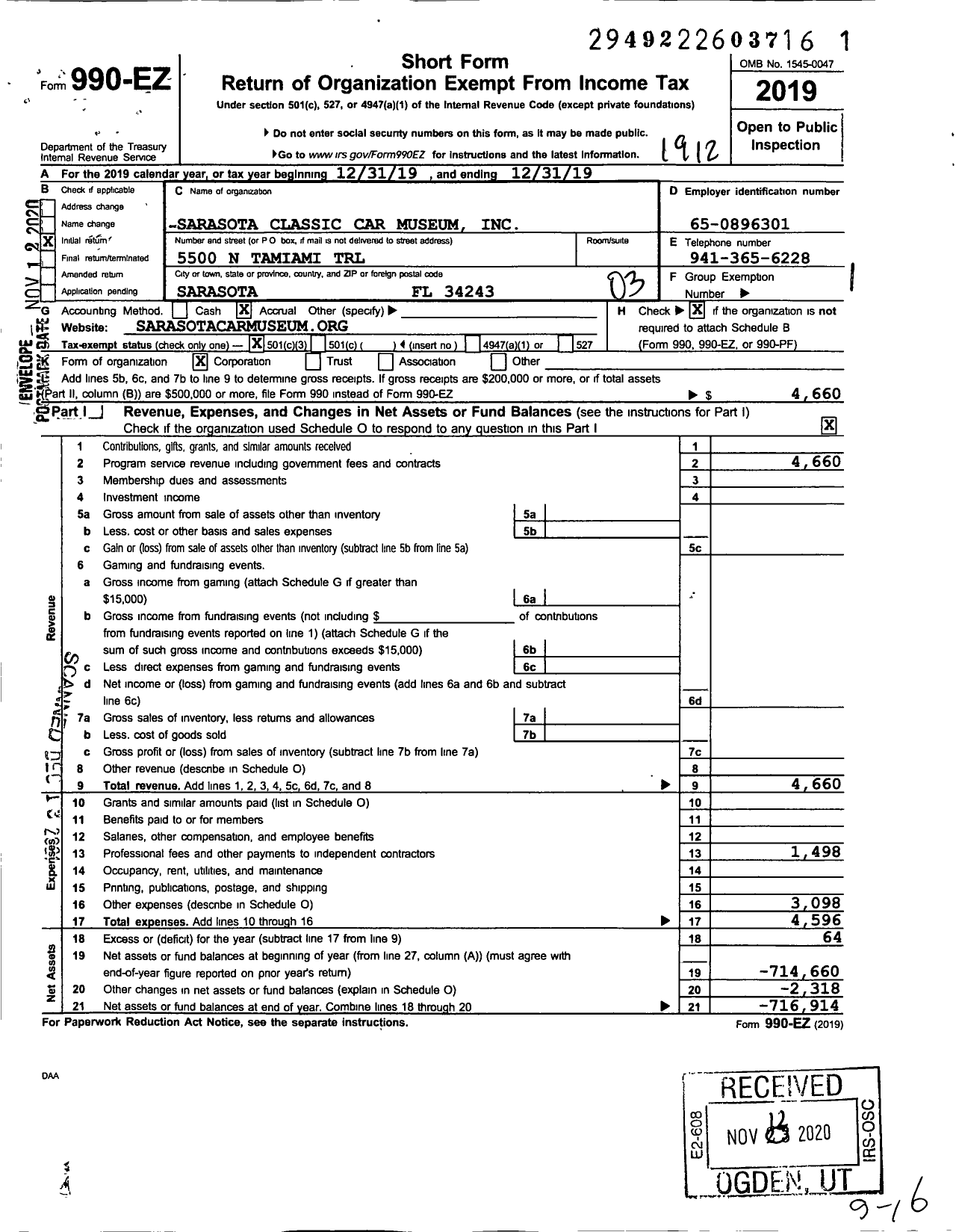 Image of first page of 2019 Form 990EZ for Sarasota Classic Car Museum