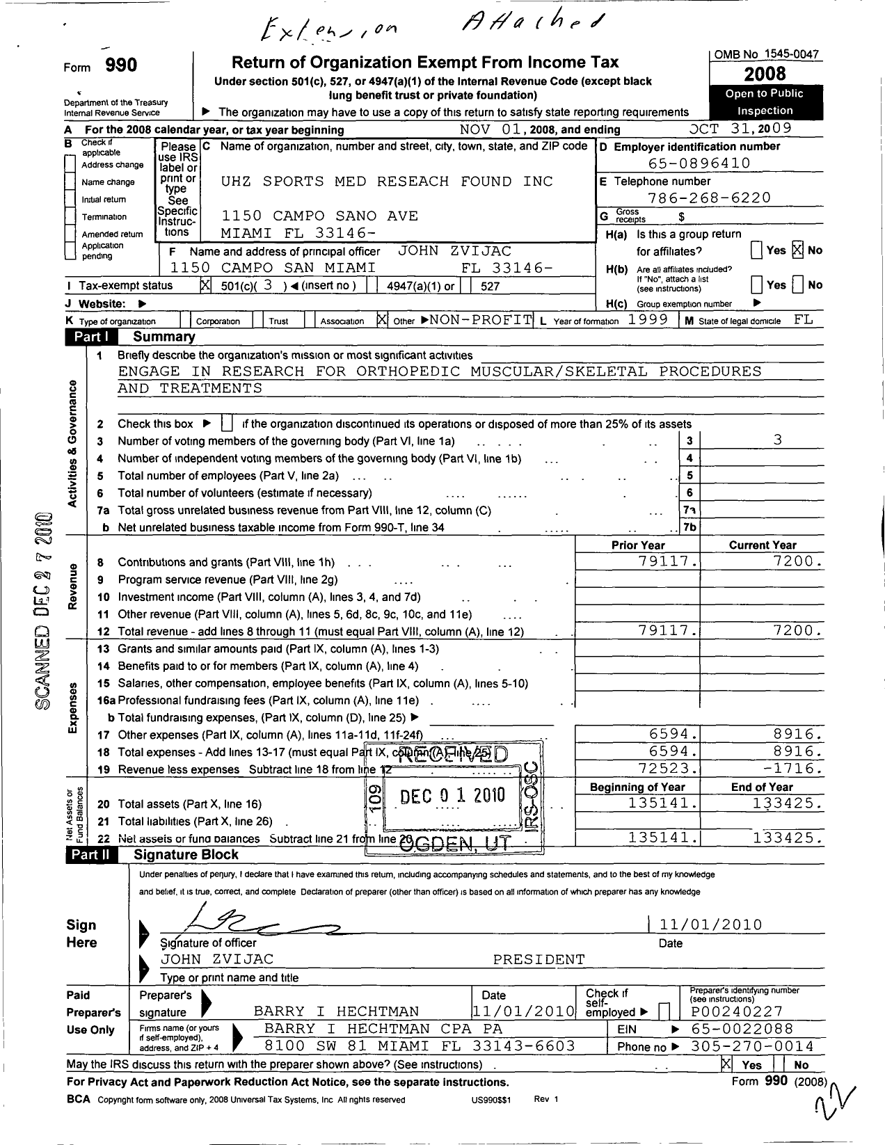 Image of first page of 2008 Form 990 for Uhz Sports Medicine Research Foundation