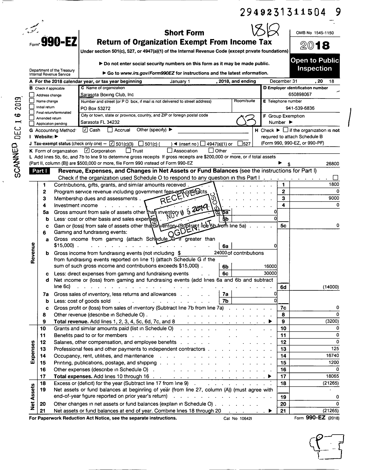 Image of first page of 2018 Form 990EZ for Sarasota Boxing Club