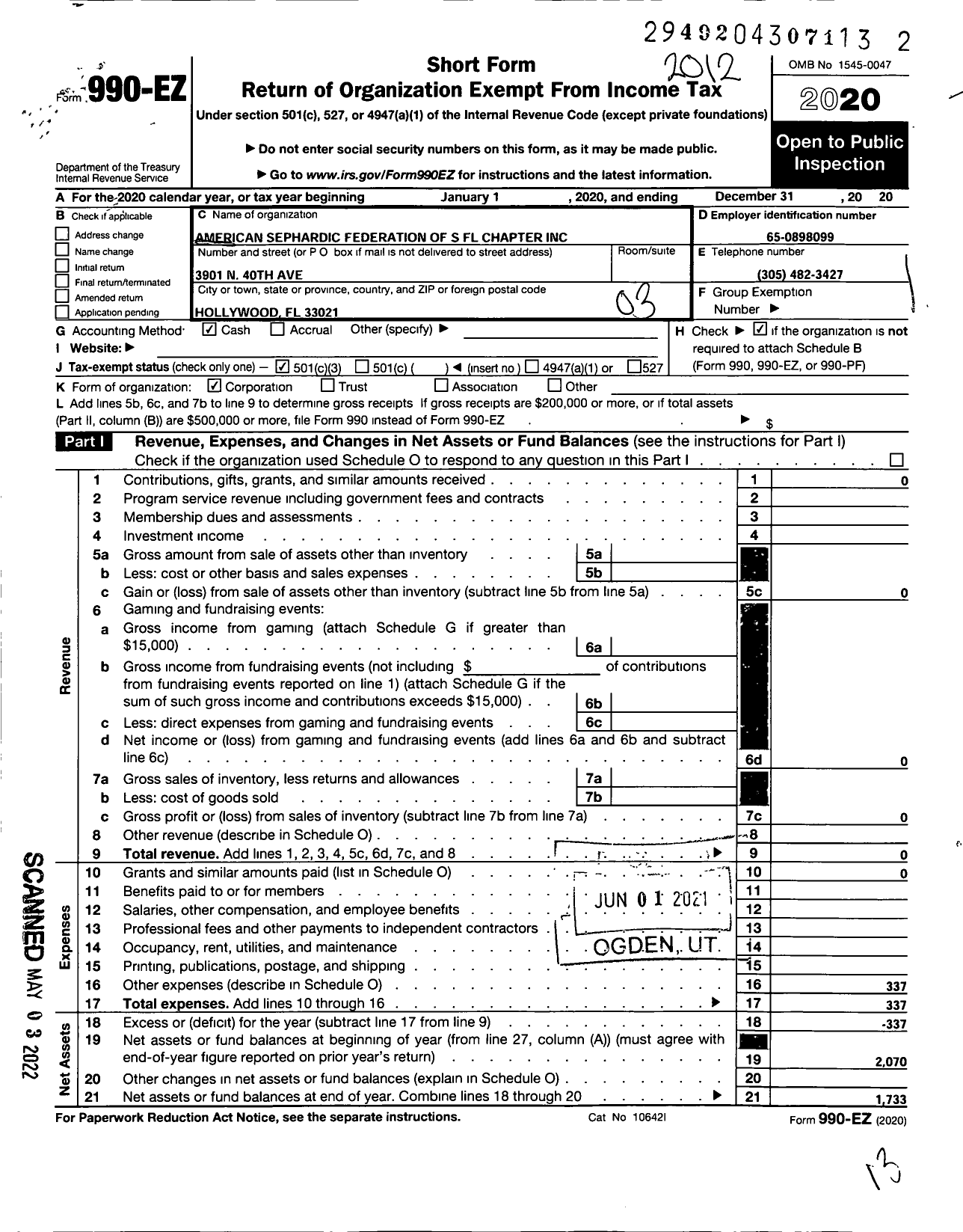 Image of first page of 2020 Form 990EZ for American Sephardic Federation South Florida Chapter