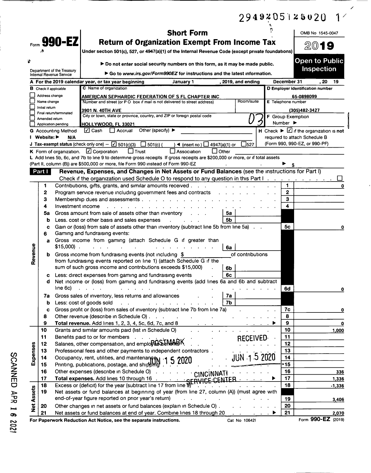 Image of first page of 2019 Form 990EZ for American Sephardic Federation South Florida Chapter