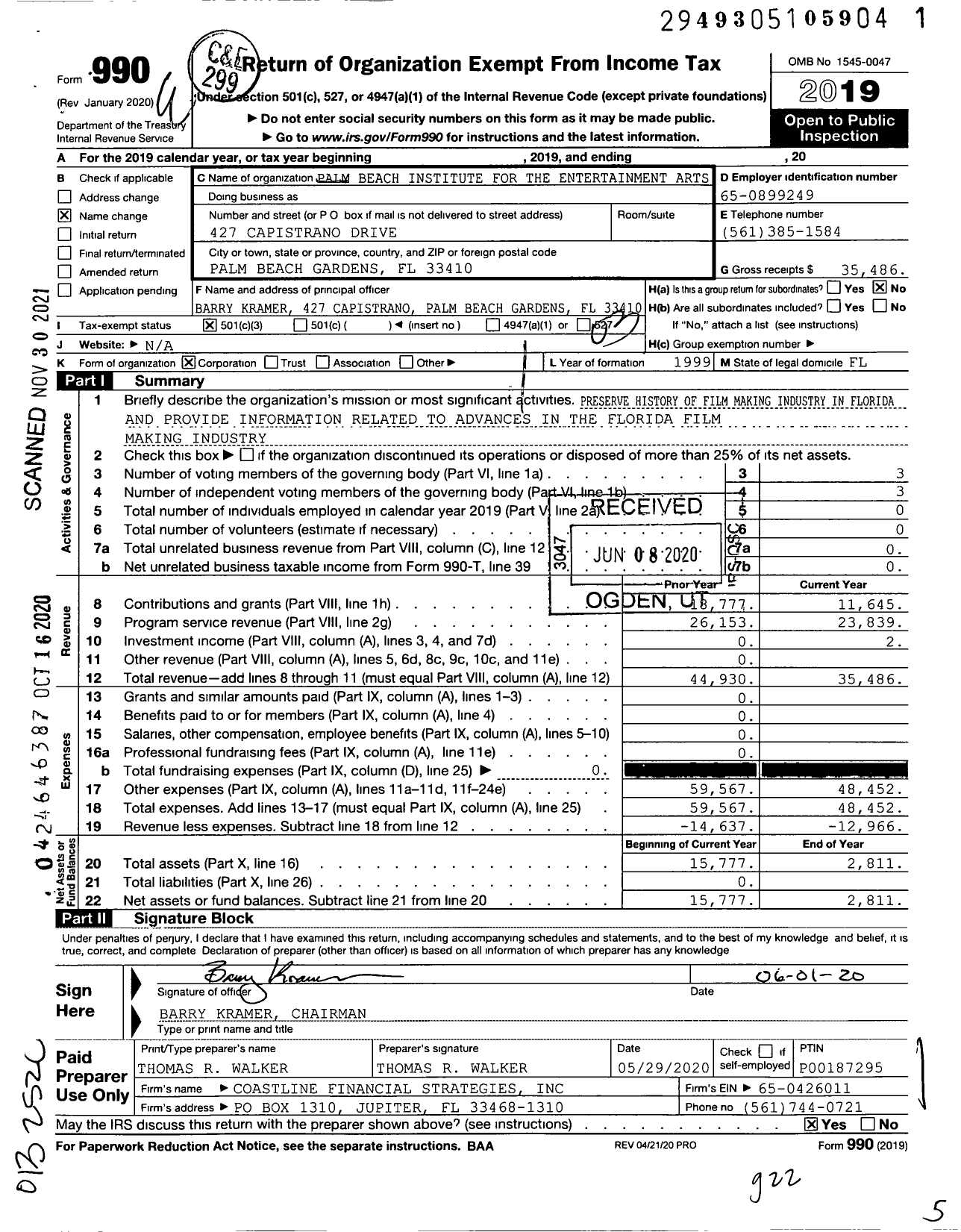 Image of first page of 2019 Form 990 for Palm Beach Institute for the Entertainment Arts