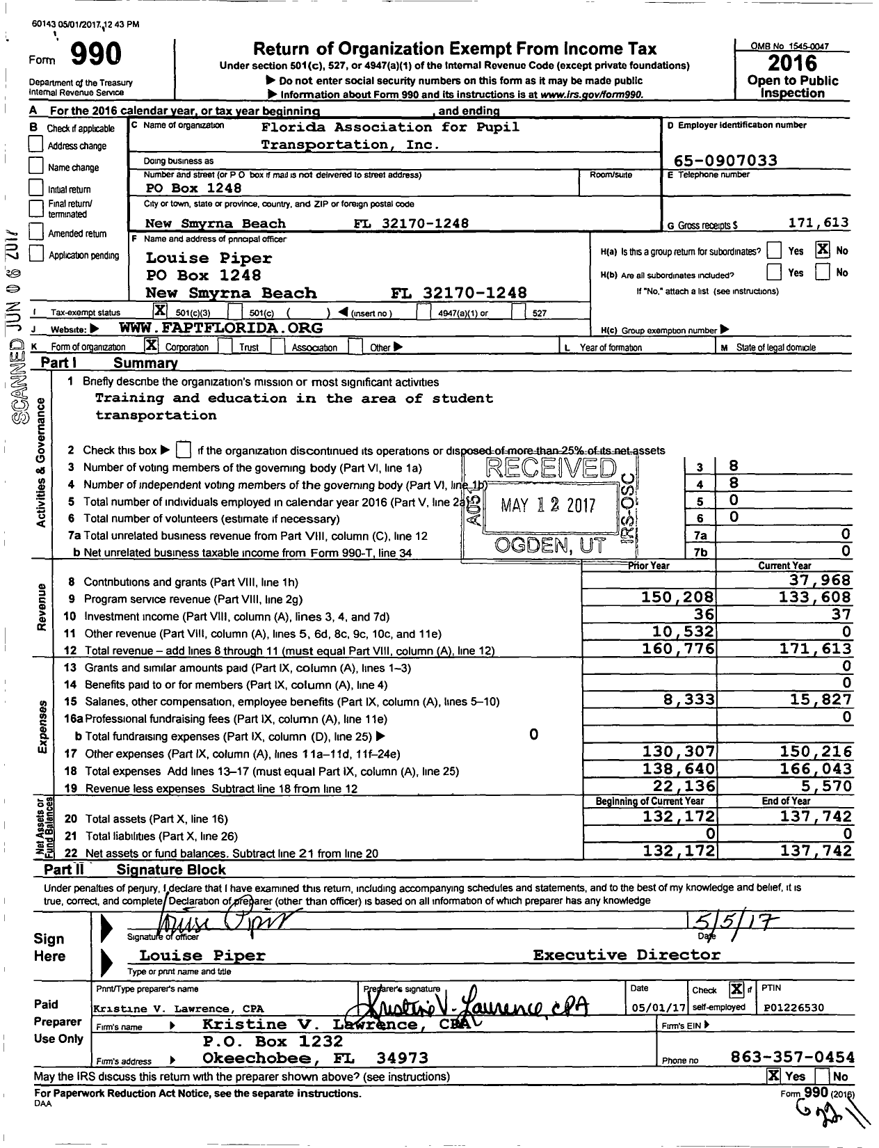 Image of first page of 2016 Form 990 for Florida Association for Pupil Transportation