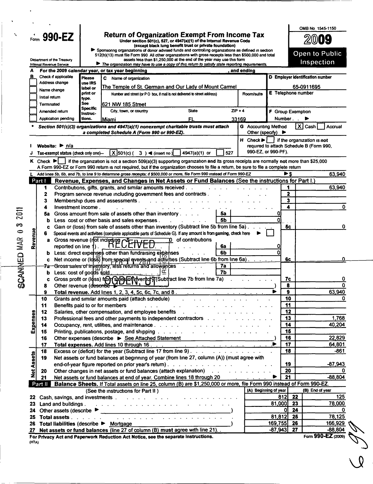 Image of first page of 2009 Form 990EZ for The Temple of Stgermain and Our Lady of MT Carmel