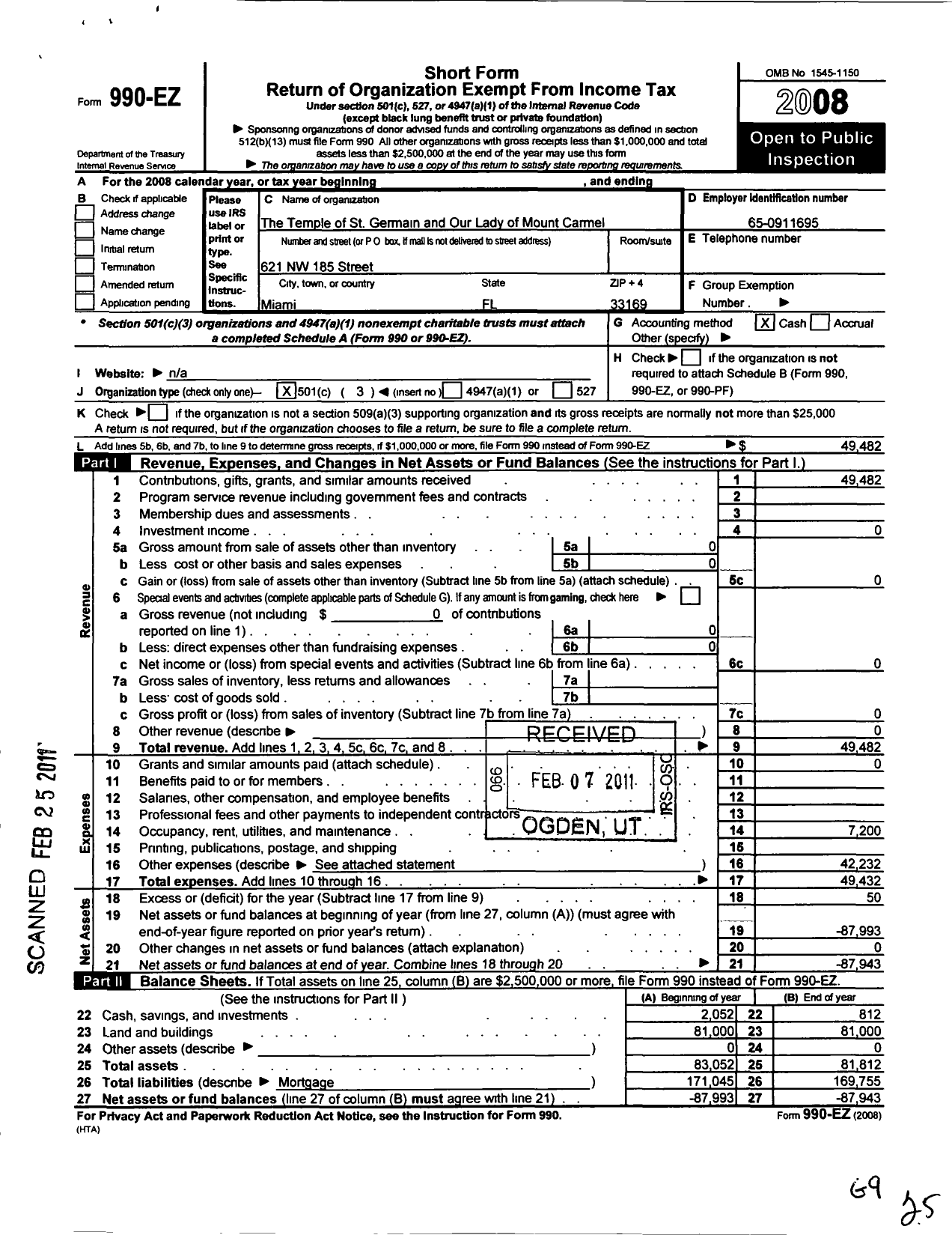 Image of first page of 2008 Form 990EZ for The Temple of Stgermain and Our Lady of MT Carmel