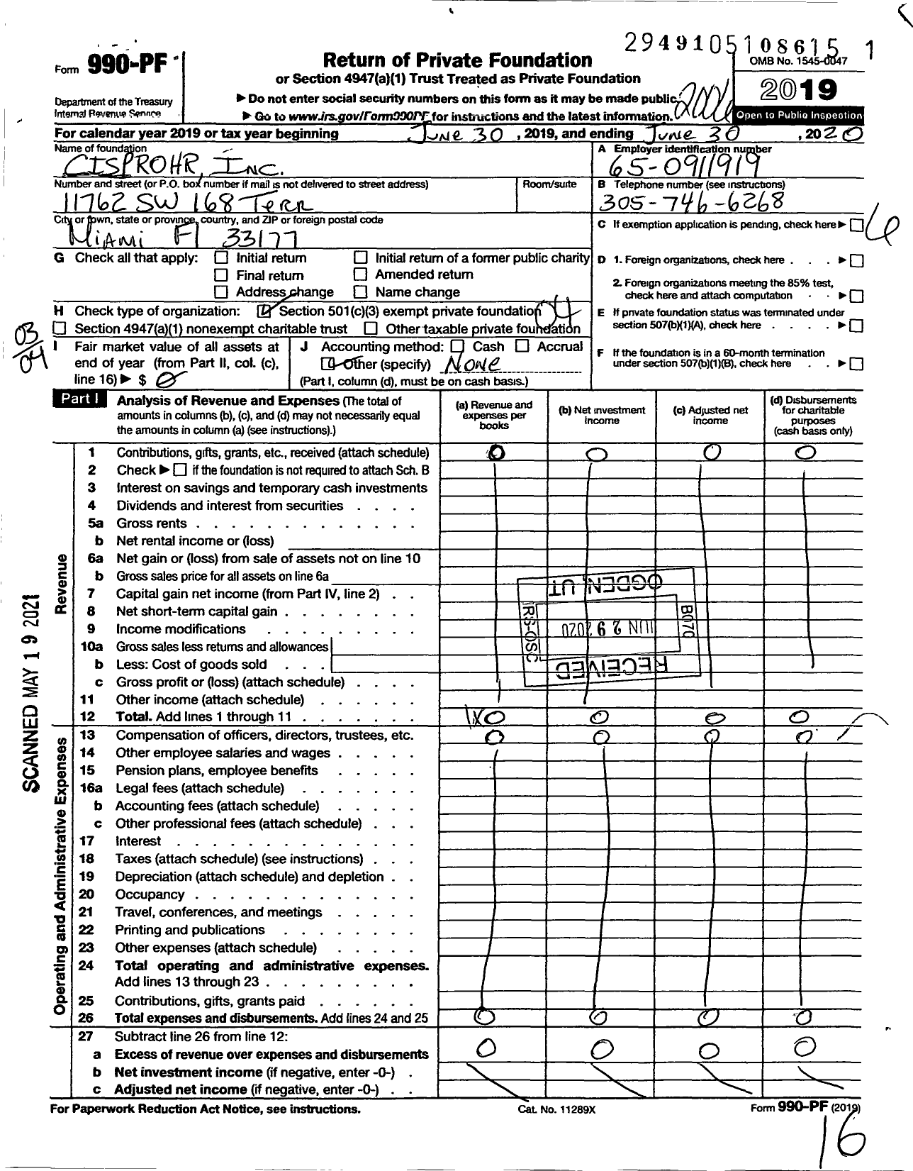 Image of first page of 2019 Form 990PF for Cisprohr