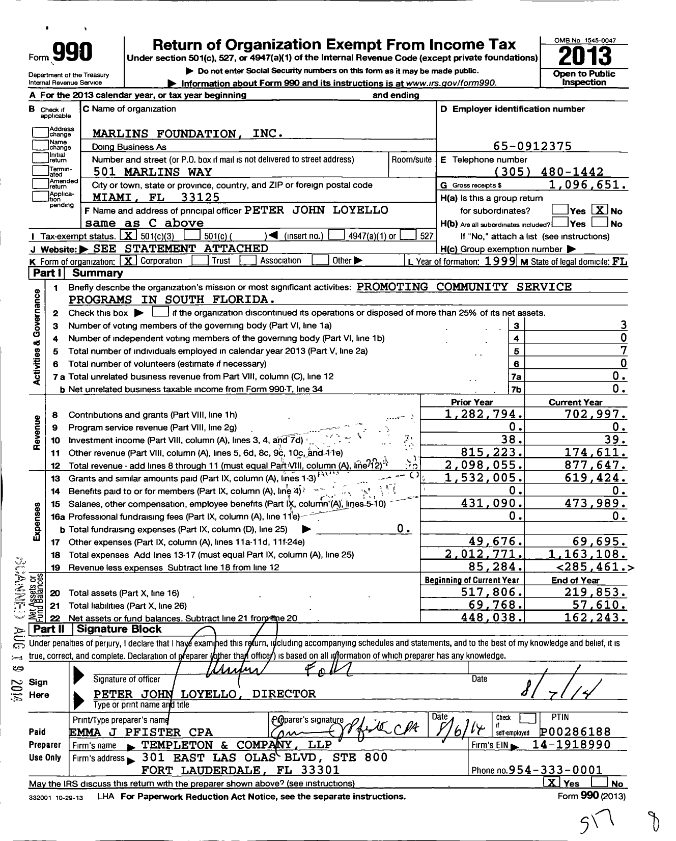 Image of first page of 2013 Form 990 for Marlins Foundation