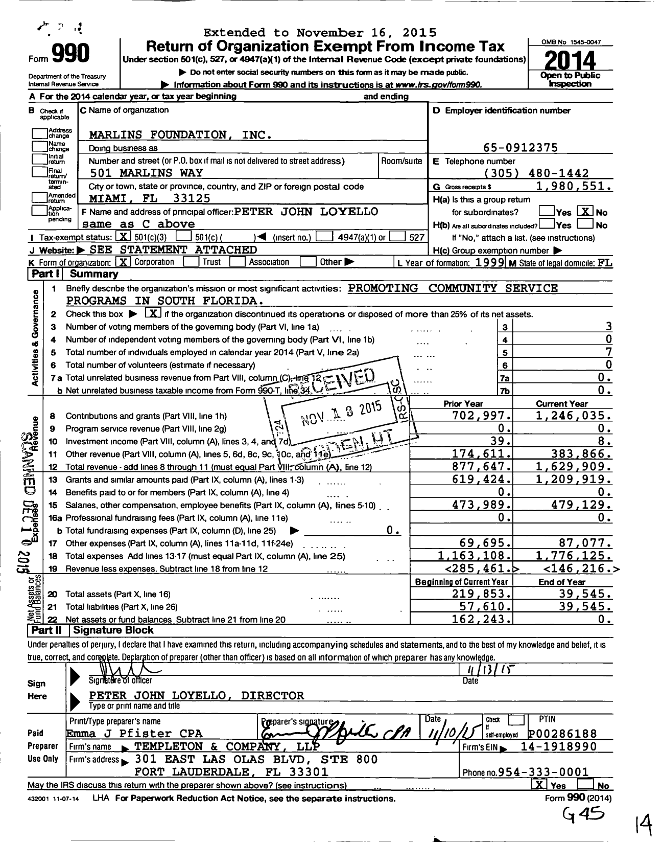 Image of first page of 2014 Form 990 for Marlins Foundation
