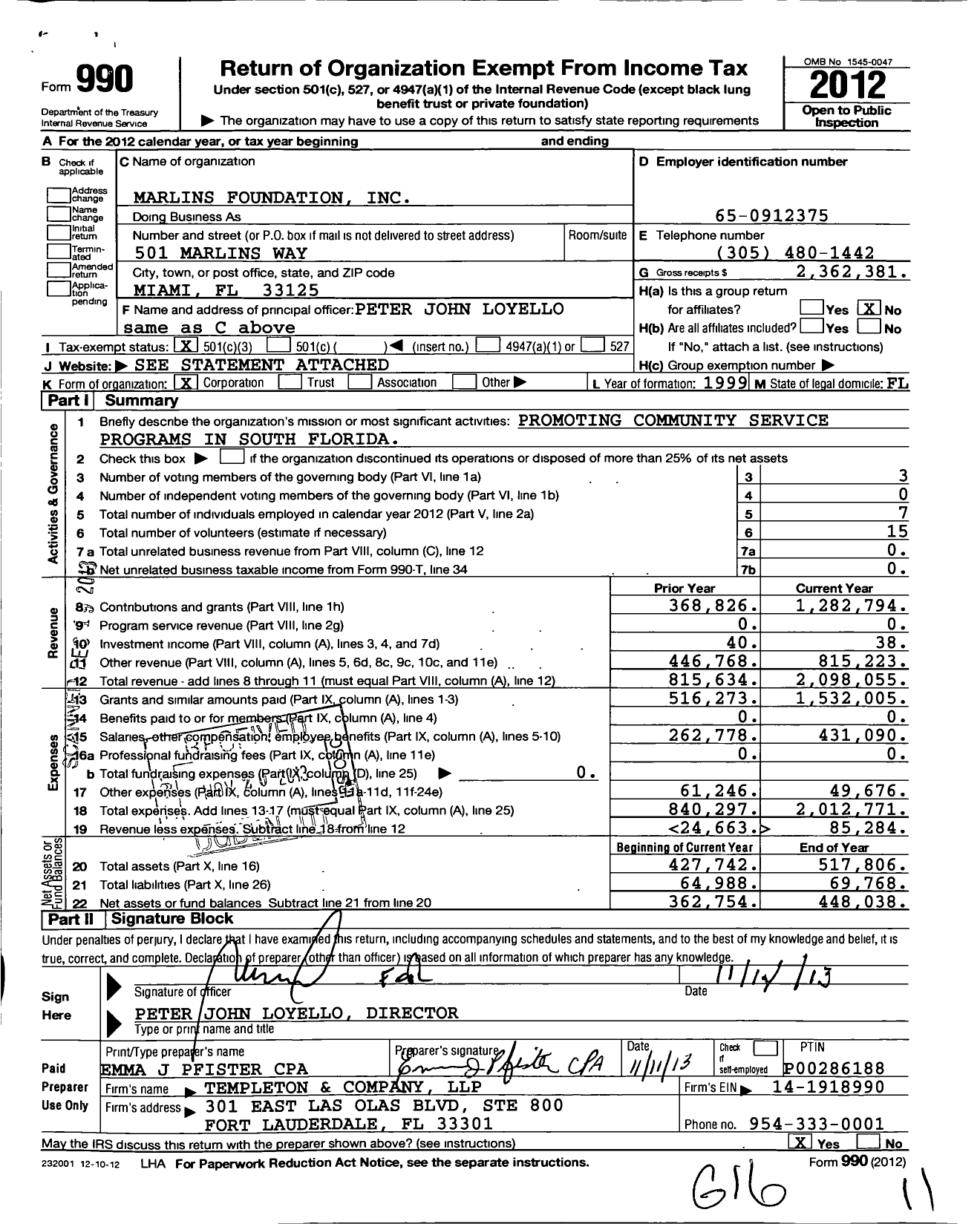 Image of first page of 2012 Form 990 for Marlins Foundation