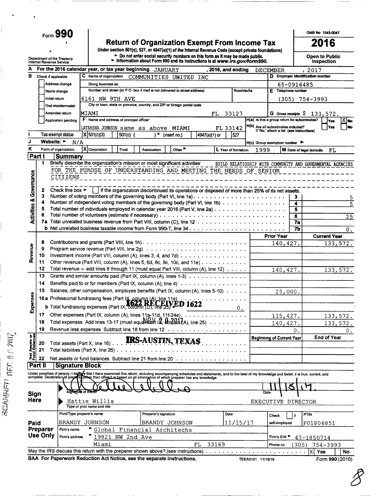 Image of first page of 2017 Form 990 for Communities United