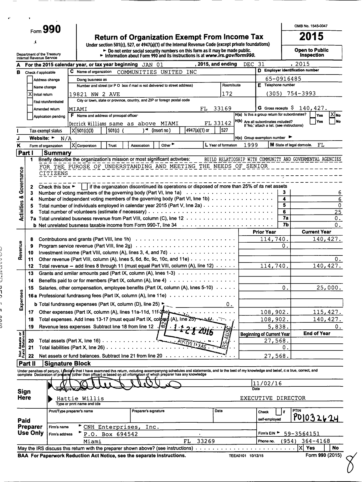 Image of first page of 2015 Form 990 for Communities United