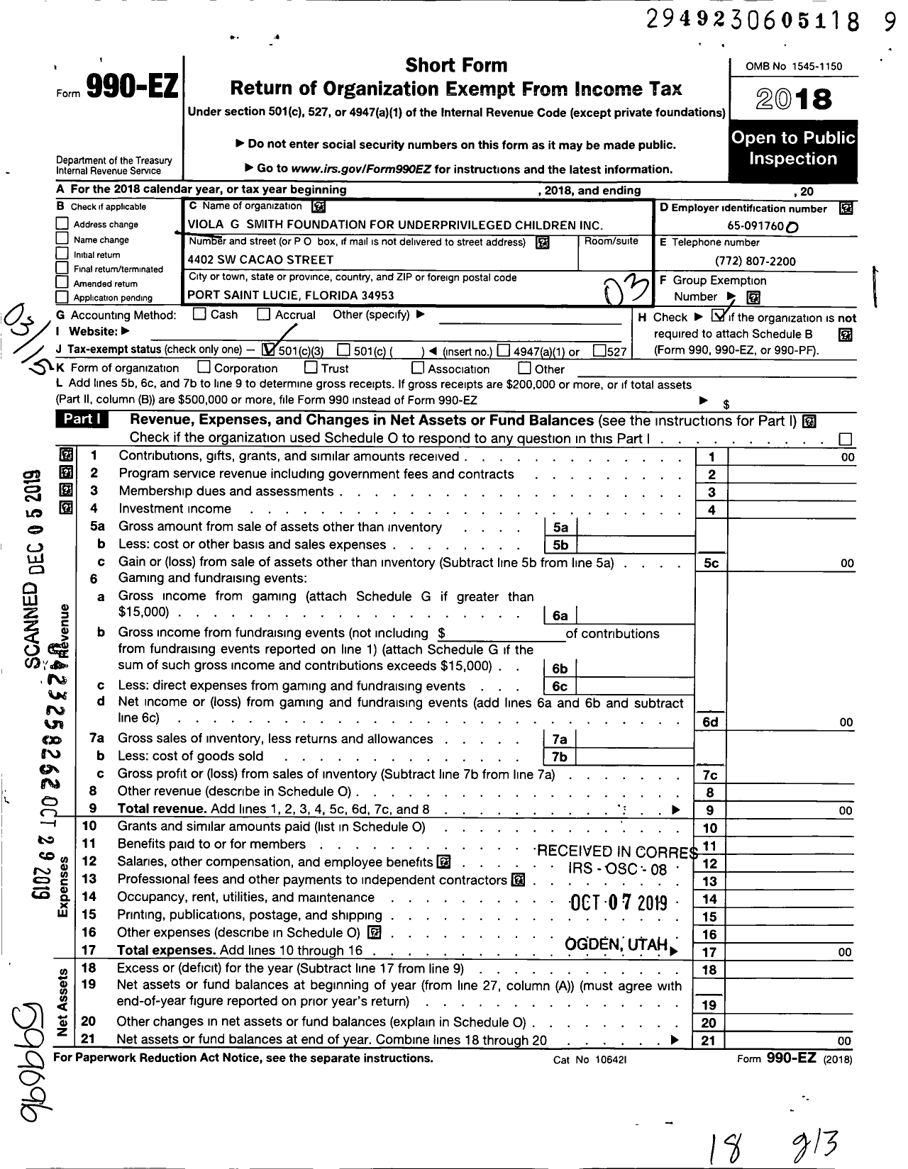 Image of first page of 2018 Form 990EZ for Viola G Smith Foundation