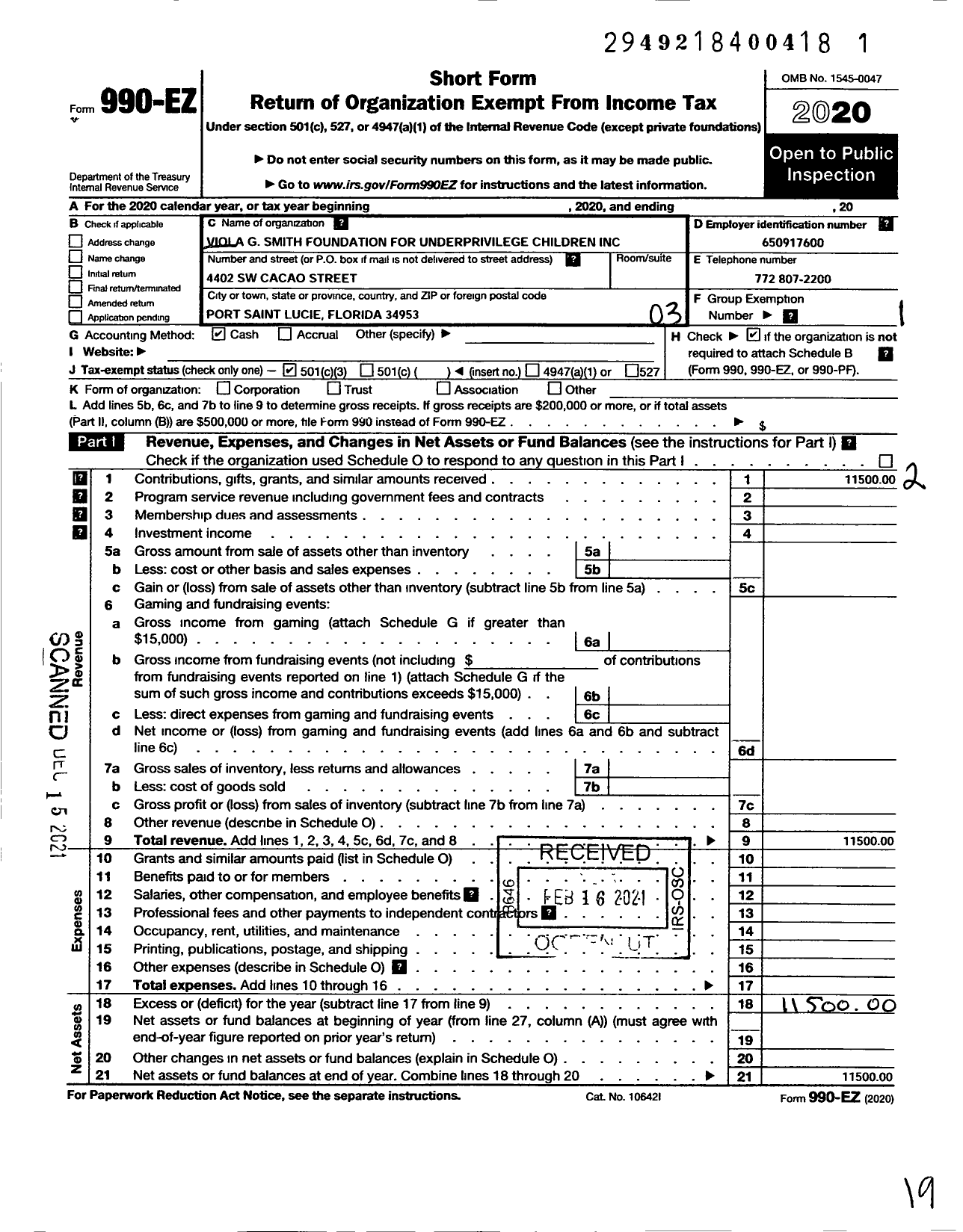 Image of first page of 2020 Form 990EZ for Viola G Smith Foundation