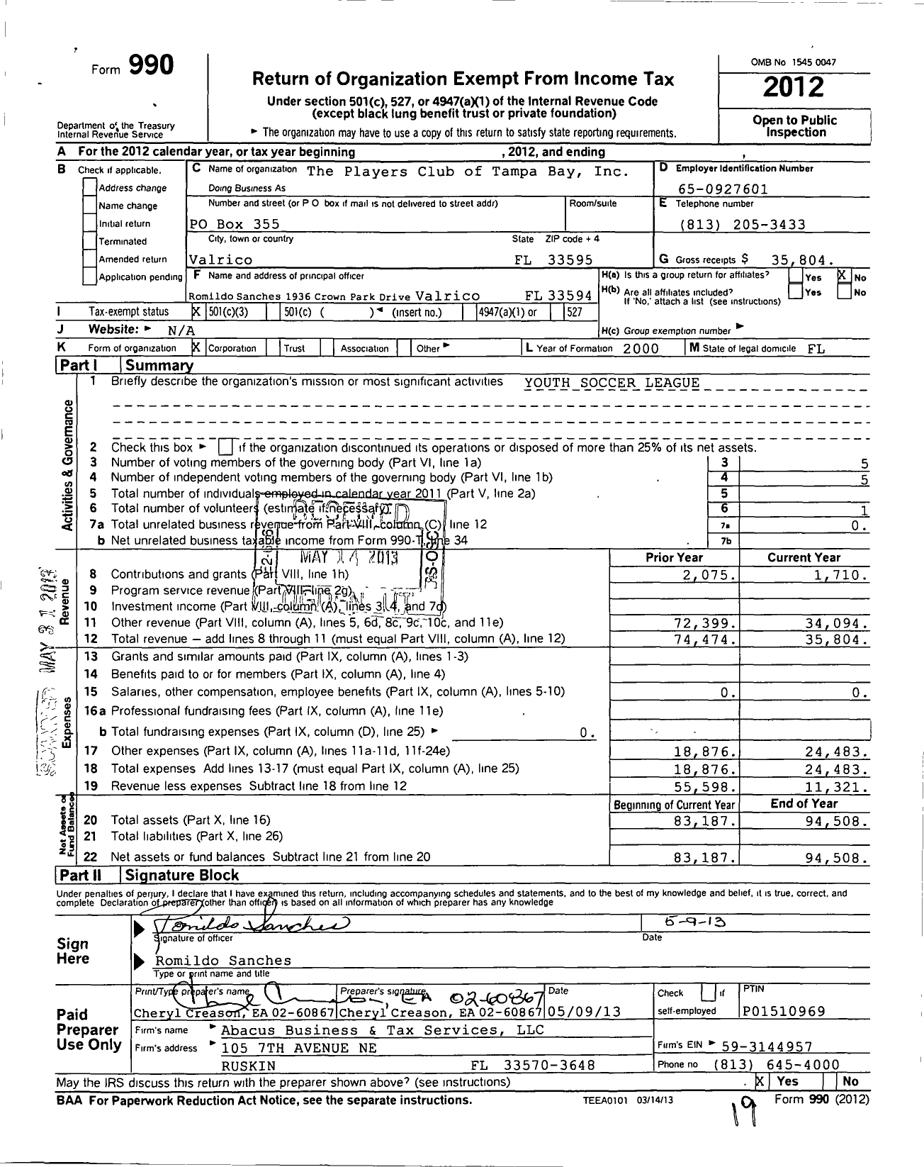 Image of first page of 2012 Form 990 for Players Club of Tampa Bay