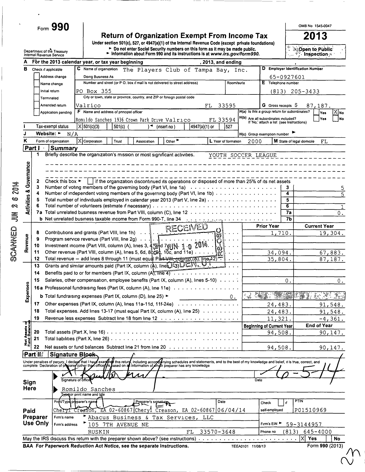 Image of first page of 2013 Form 990 for Players Club of Tampa Bay