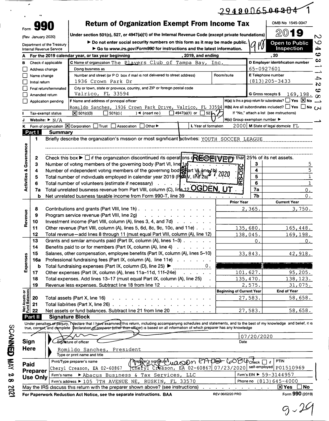 Image of first page of 2019 Form 990 for Players Club of Tampa Bay