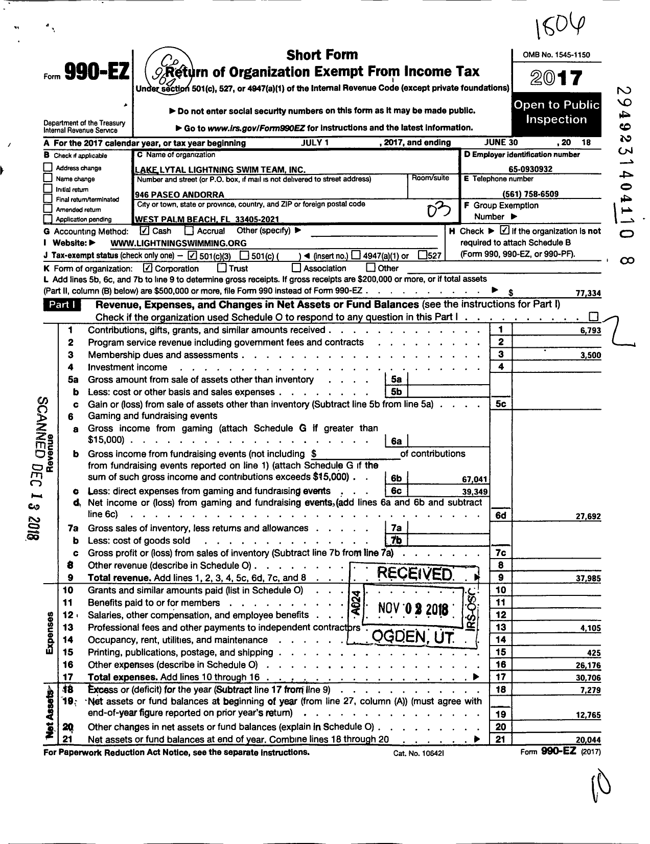 Image of first page of 2017 Form 990EZ for Lake Lytal Lightning Swim Team