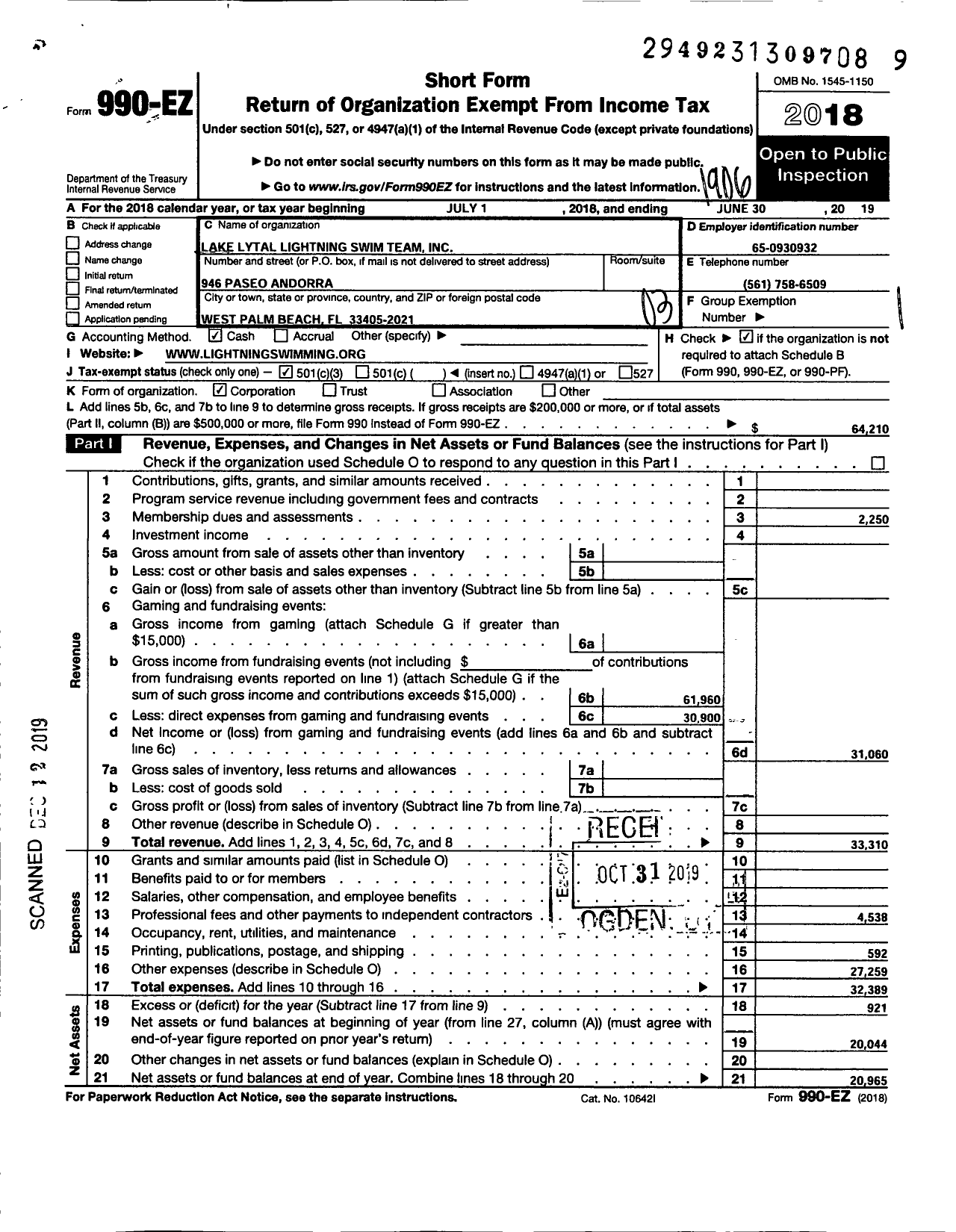 Image of first page of 2018 Form 990EZ for Lake Lytal Lightning Swim Team